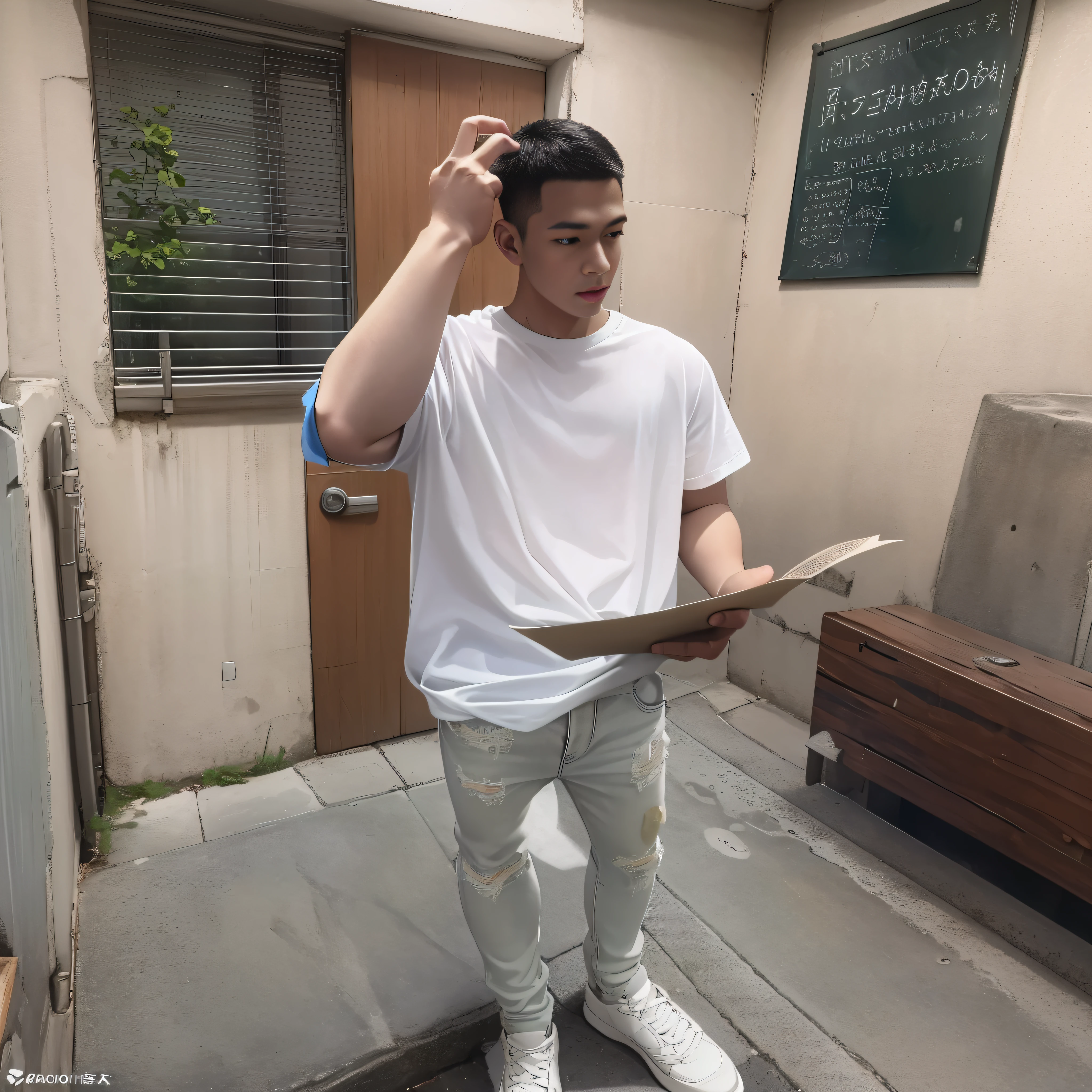 (8K,RAW photos,best qualtiy,tmasterpiece:1.2),(realisticlying,photograph realistic:1.37),(Long shots:3), A male classmate is dressed(White T-shirt and jeans),Holding a piece of paper in his hand