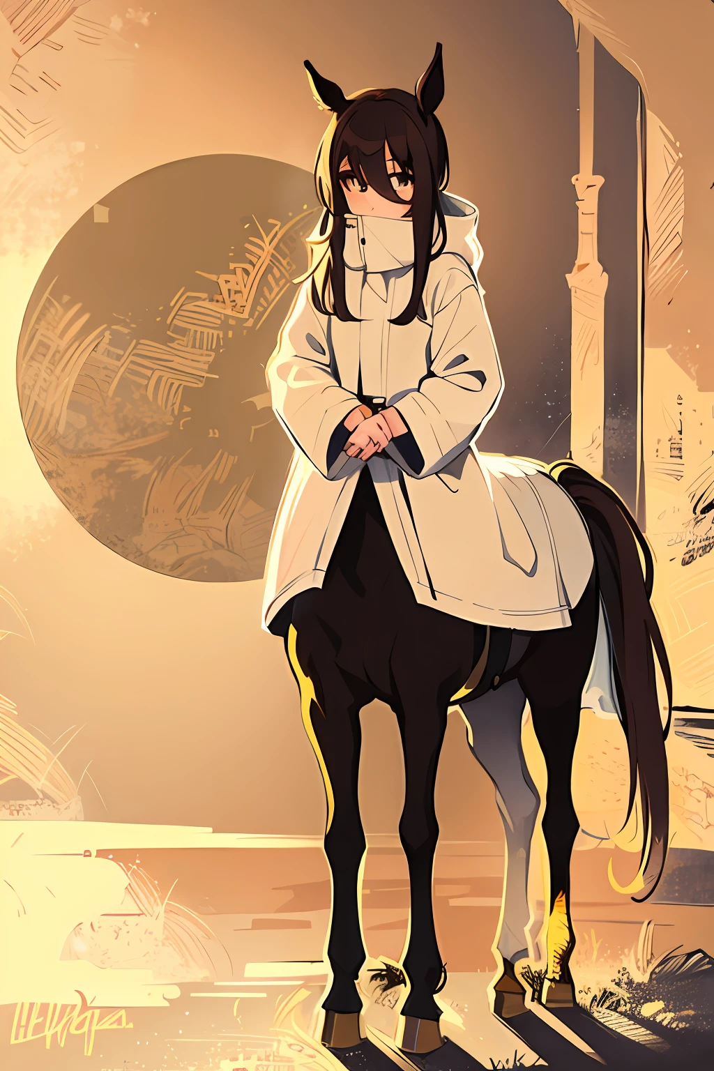 1girll,Cold,The eyes are yellow-brown,Light and shadow interlace,half horse, demihuman,Lots of details