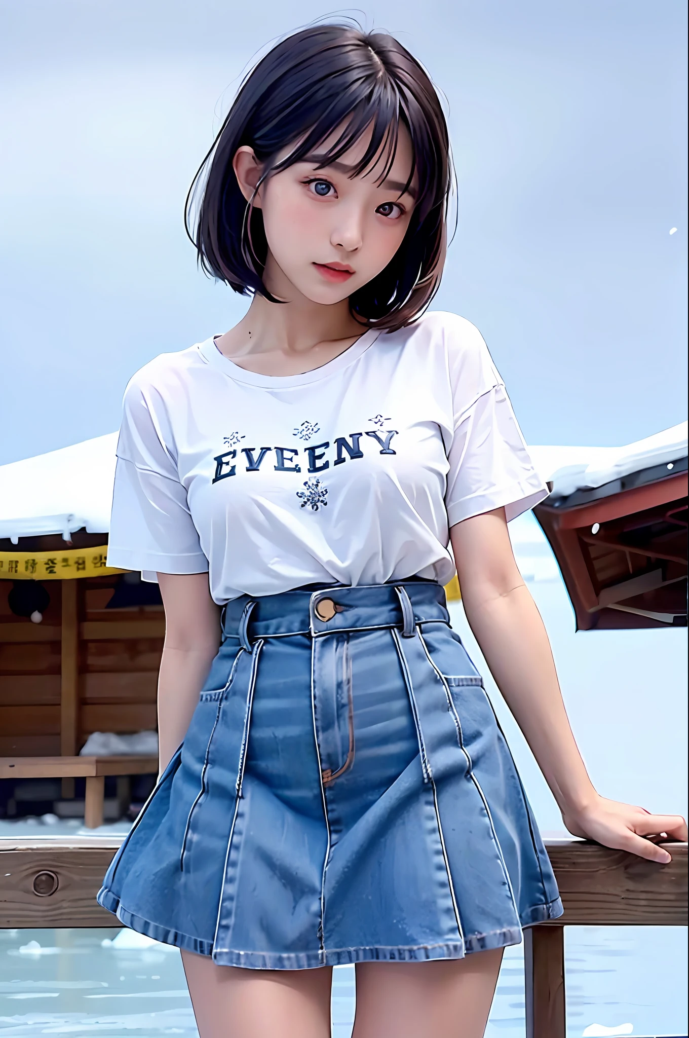 snowflakes falling、cowboy shot、plein air、South Pole、Photorealsitic, hight resolution, 1 rapariga、Colorful Hair Color, Korea person, Heterochromia eyes、South Pole、stardust、short cut hair、Blunt bangs、Huza、white t-shirts、pleatedskirt、side poneyTail、