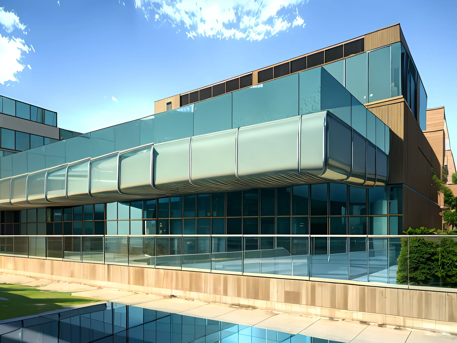 There is a parking lot,Inside there is a two-story building, Blue reflective glass,The car is parked on the ground floor, There is a road ahead,There is a meadow in front of the road,Modern style,Futuristic,sense of science and technology,Mechanical garage, wide angle exterior 2022, Corner, cars parked, Single building,Blue glass curtain wall,Reflective,Sun panels,acrylic pour,,It is 40 meters long,Width 10 meters,