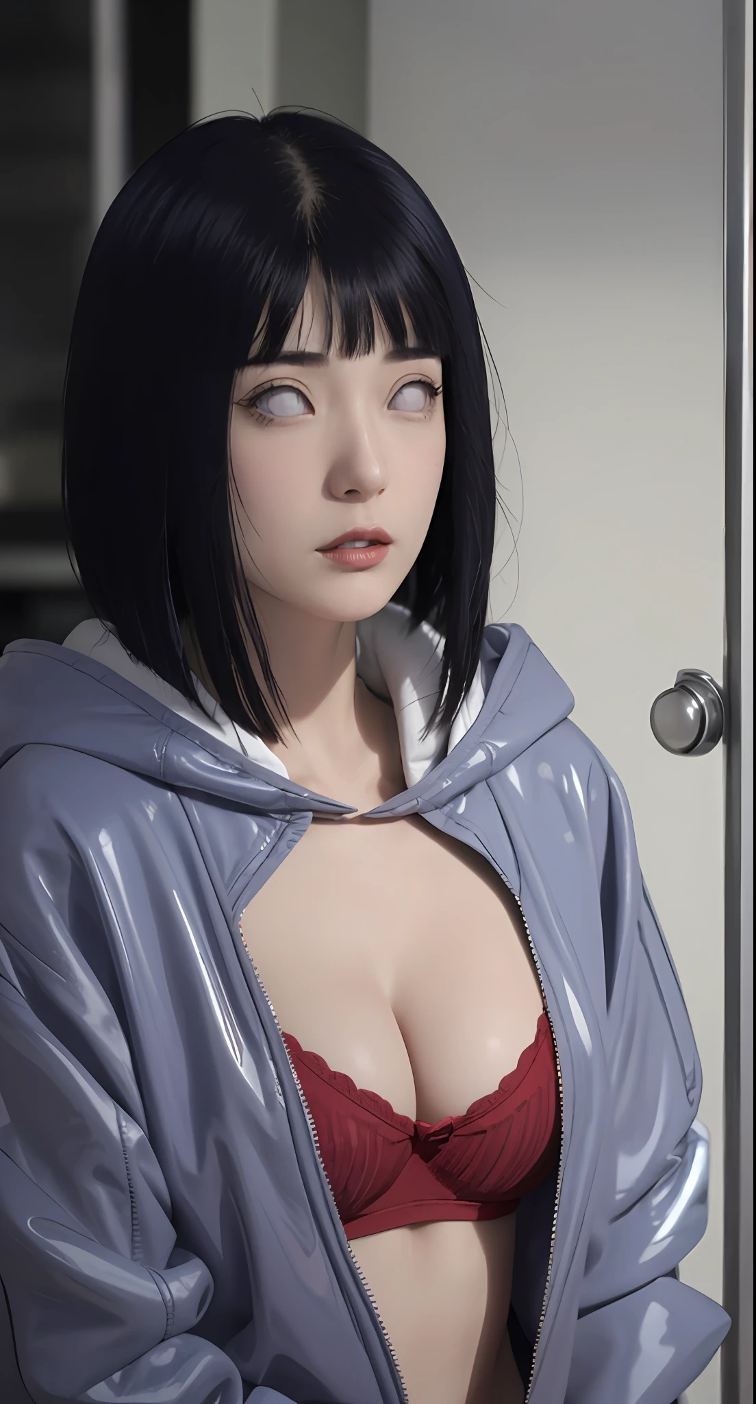 a close up of a person with long hair and a hoodie, hinata hyuga, hinata hyuga from naruto, from naruto, as an anime character, perfect anime face, she has dark blue hair with bangs, female anime character, anime character, anime best girl, hime cut hairstyle, dark blue hair, (red glossy lips:1.3), light purple eyes, no tshirt, ????????, ??????, ????????????, ????????, no jacket