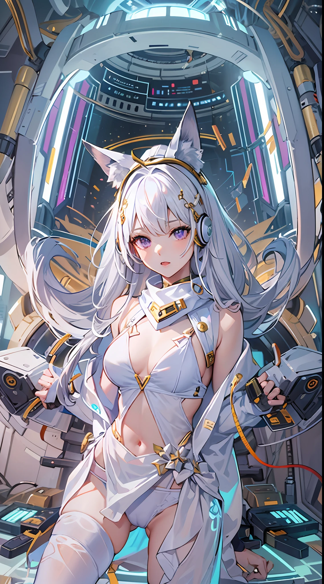 ((Masterpiece)), best quality, absurderes, ultra detailed, holographic, cowboy shot, dynamic pose, golden ratio, super cute girl, mature girl, extremely beautiful, super beautiful asian girl with super beautiful violet eyes, super beautiful white hair, shiny skin, high ponytail, nice and sexy body, slim and delicate body, perfect body, wearing a super tight printed white crop top, kawaii panties, fox headset, being photographed in a kawaii alien spaceship