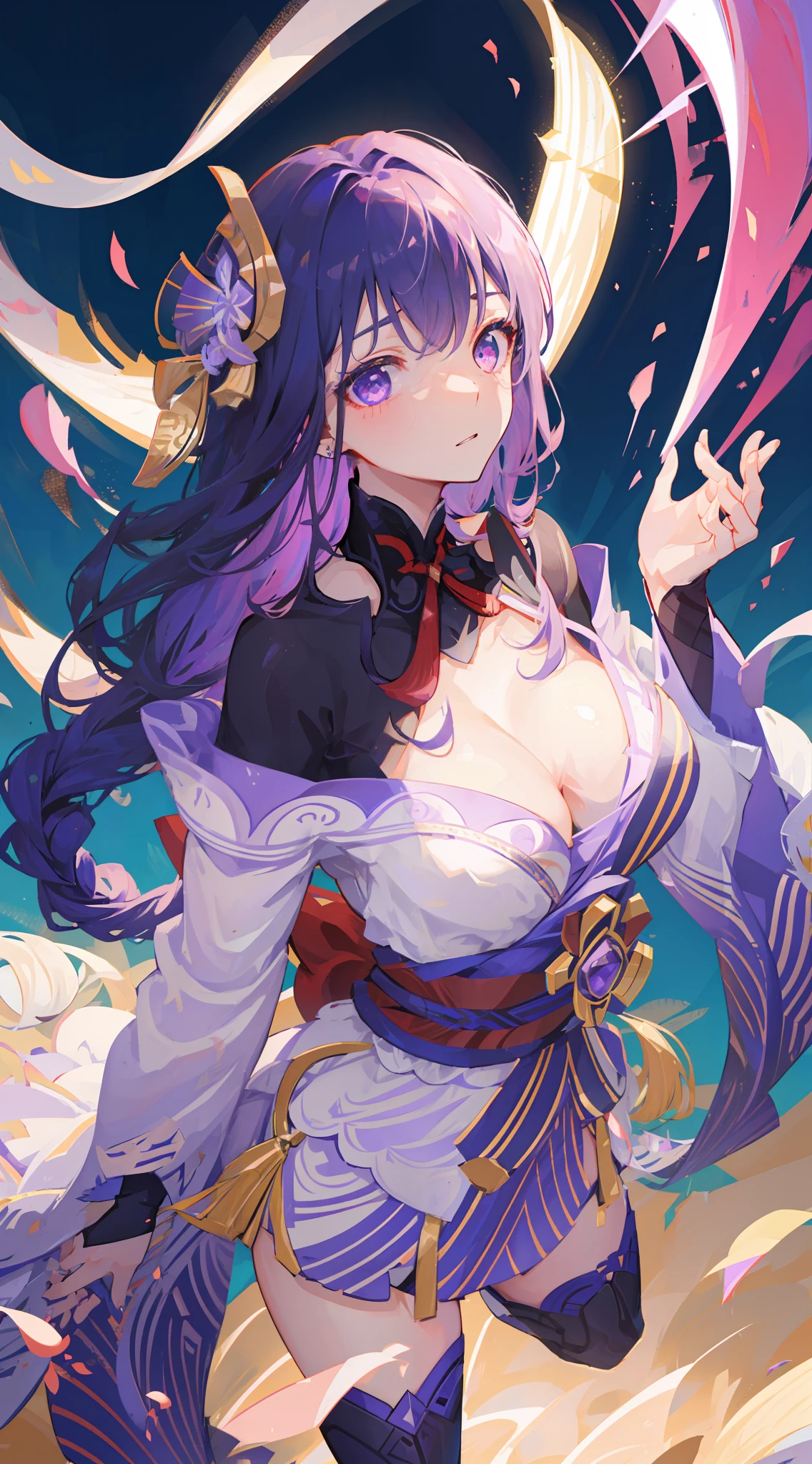 ((HighestQuali,tmasterpiece,4K,Detailed eyes,)),((Pale skin,purpleglowing eyes eyes)),1girll,Solo Woman,((Genshin_impact,Raiden general)),light particules,Purple thunderbolt,Bright background,the cherry trees,sunny clear sky,purple color-theme,Delicate facial features,Sexy beautiful girl,Raiden general,Long purple hair,Detailed eyes,busty figure,buliding,