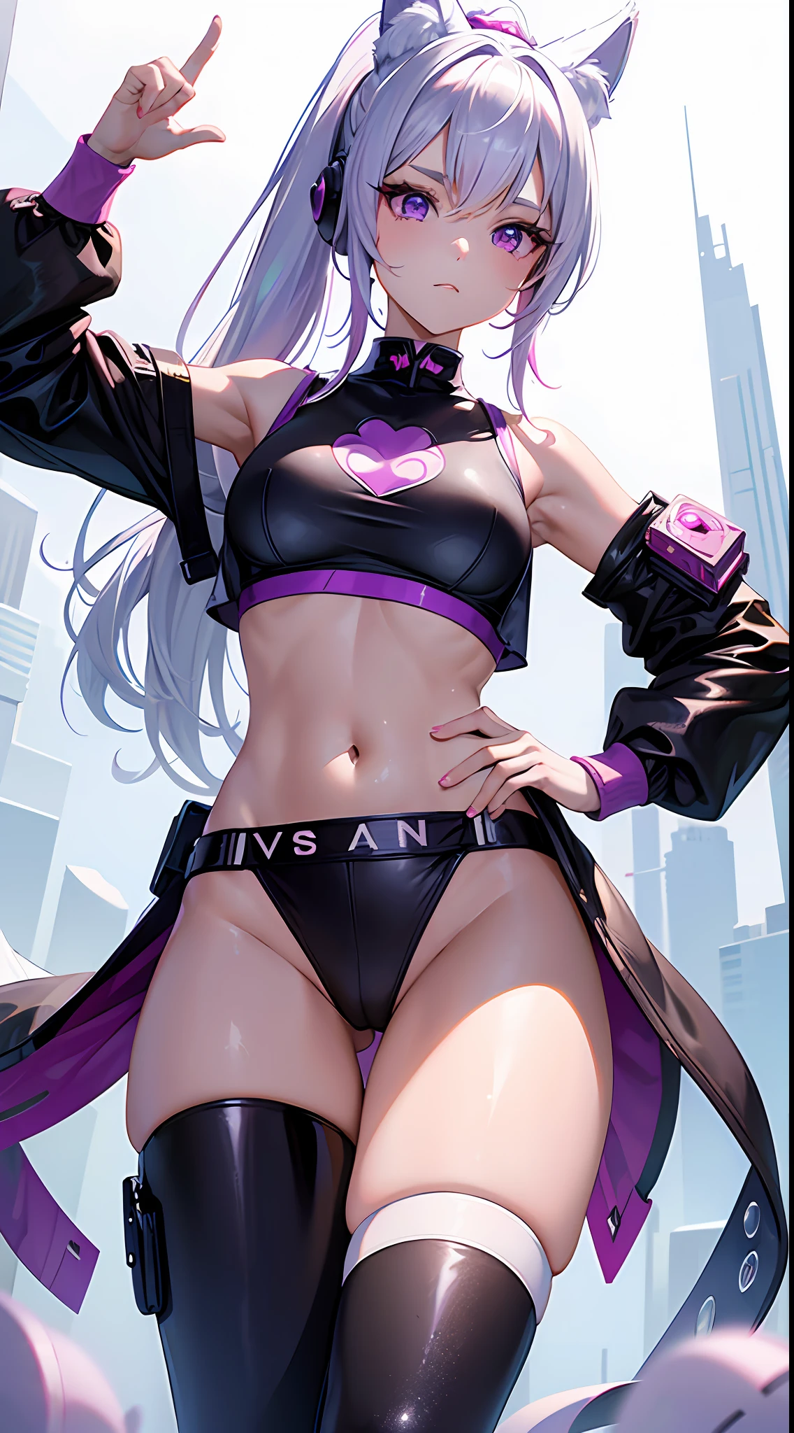 ((Masterpiece)), best quality, absurderes, ultra detailed, holographic, cowboy shot, dynamic pose, golden ratio, super cute girl, mature girl, extremely beautiful, super beautiful asian girl with super beautiful violet eyes, super beautiful white hair, shiny skin, high ponytail, nice and sexy body, slim and delicate body, perfect body, wearing a super tight printed white crop top, kawaii panties, fox headset, pink powers, being photographed in a kawaii alien spaceship
