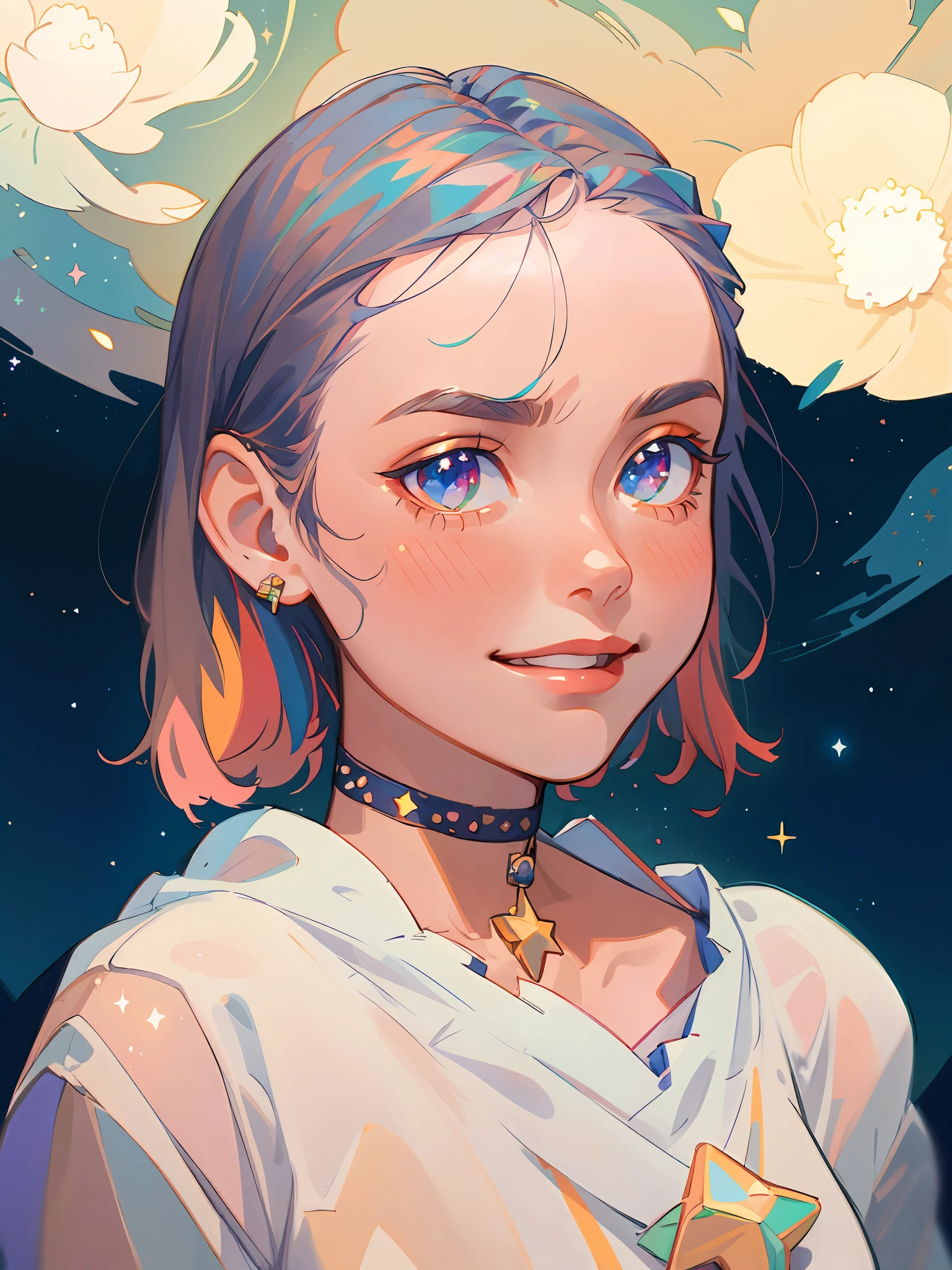 there is a young girl with a choker on her neck,(Masterpiece), (best detail), (Best quality),Detailed facial features, milky ways, glitters, Particle, Wind, flower, hair adornments, multicolored hair, Solo, jewelry, Starry sky, sky, (stars), Milky Way,Young and good-looking