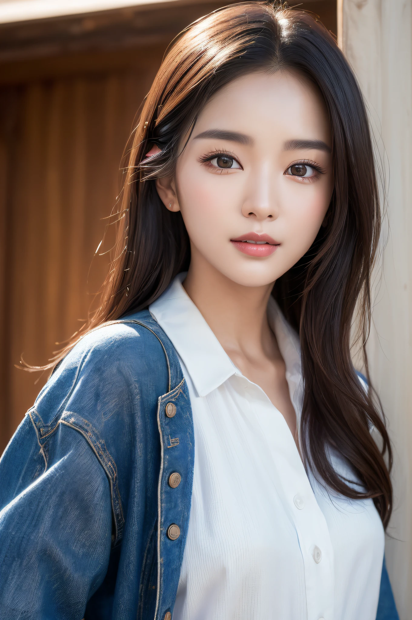 ((best qualtiy、8k masterpieces:1.3))、foco nítido:1.2、(ultra beautiful faces:1.0)、(shinny skin:1.0)、photos realistic、A dark-haired、Video Lighting、High-definition eyes and face、Video Lighting、(cowboy shot:1.3)、(Korean Cute Actress)、from the front side、medium large breasts、ssmile、Sleeveless、Wearing a white blouse