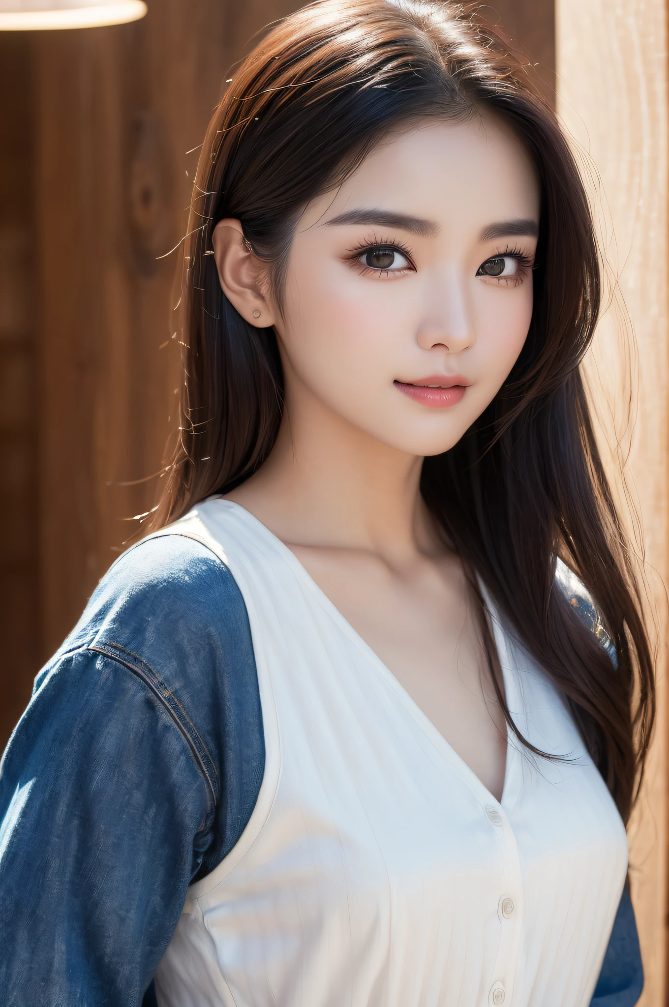 ((best qualtiy、8k masterpieces:1.3))、foco nítido:1.2、(ultra beautiful faces:1.0)、(shinny skin:1.0)、photos realistic、A dark-haired、Video Lighting、High-definition eyes and face、Video Lighting、(cowboy shot:1.3)、(Korean Cute Actress)、from the front side、medium large breasts、ssmile、Sleeveless、Wearing a white blouse