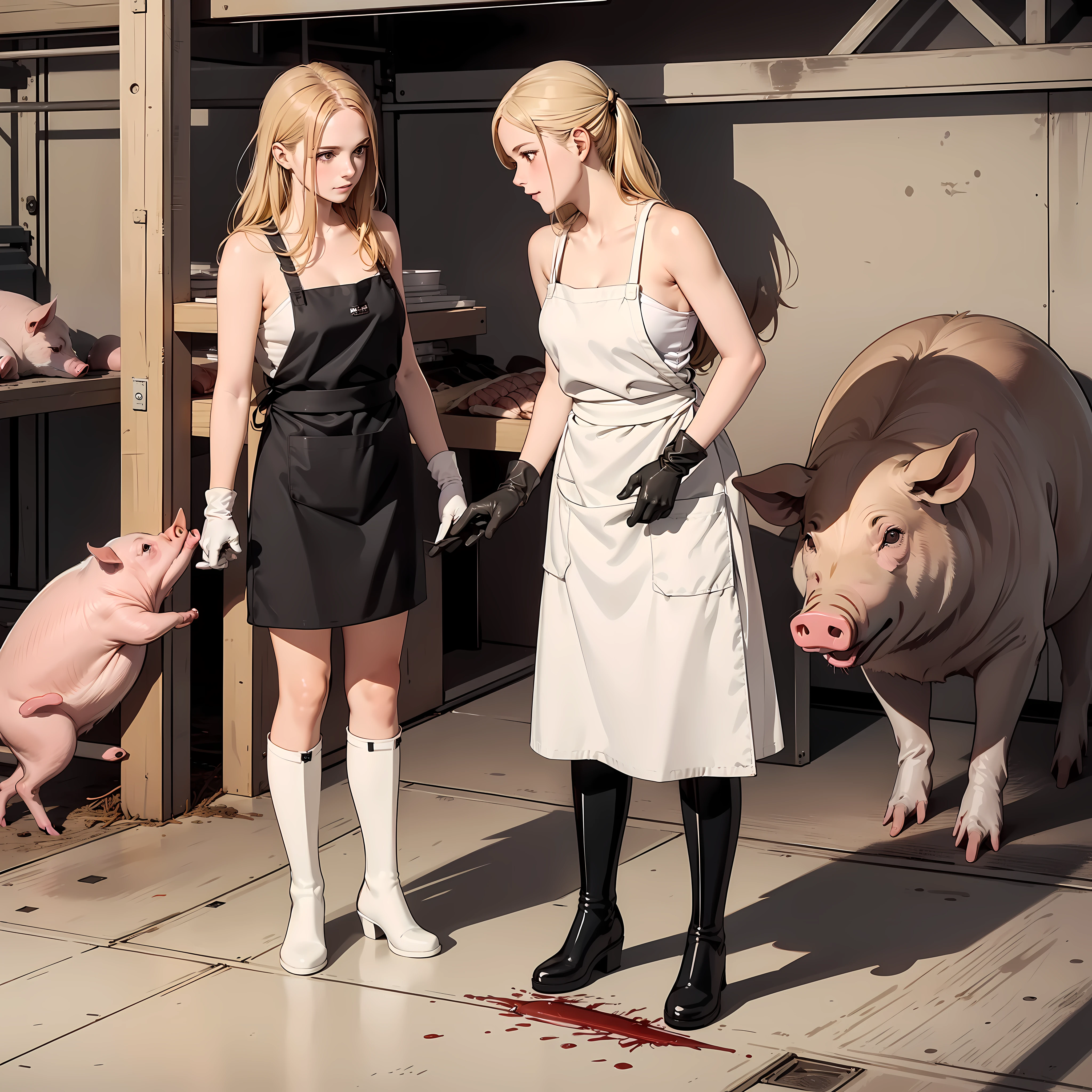 Large-scale slaughterhouse,Pigs dissecting,Beautiful blonde female worker, Shoulder-length rubber gloves, Rubber Apron, White knee-length rubber boots,Stand and look down, Drawing from below,Stand and look down, Full body view from below,stamp on