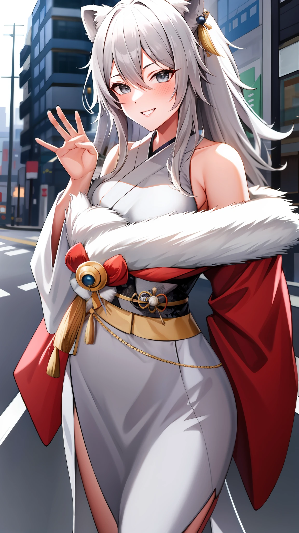 absurdres, highres, best quality,  Botan, japanese kimono, bare shoulder, fur-trim, oionlion ears, messy hair, messy hair, grey eyes, grey hair, long hair, dynamic pose, sexy pose, seductively smile, blush, hands behind back, city road, on the road,