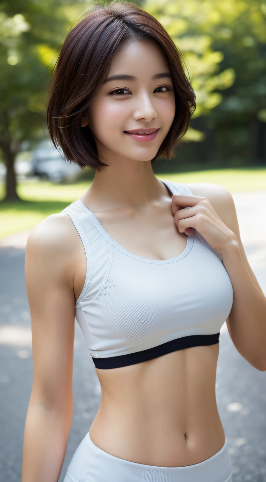 ((Top Quality, 8k, Masterpiece: 1.3)), Sharp Focus: 1.2, Perfect Body Shape Pretty Woman: 1.4, Slender Abs: 1.2, (Layered Haircut, Big: 1.8), (Sports Bra: 2.0), (Jogging: 1.8), (Street: 1.2), Highly Detailed Face and Skin Texture, Detailed Eyes, Double Eyelids, Smile, Bokeh,