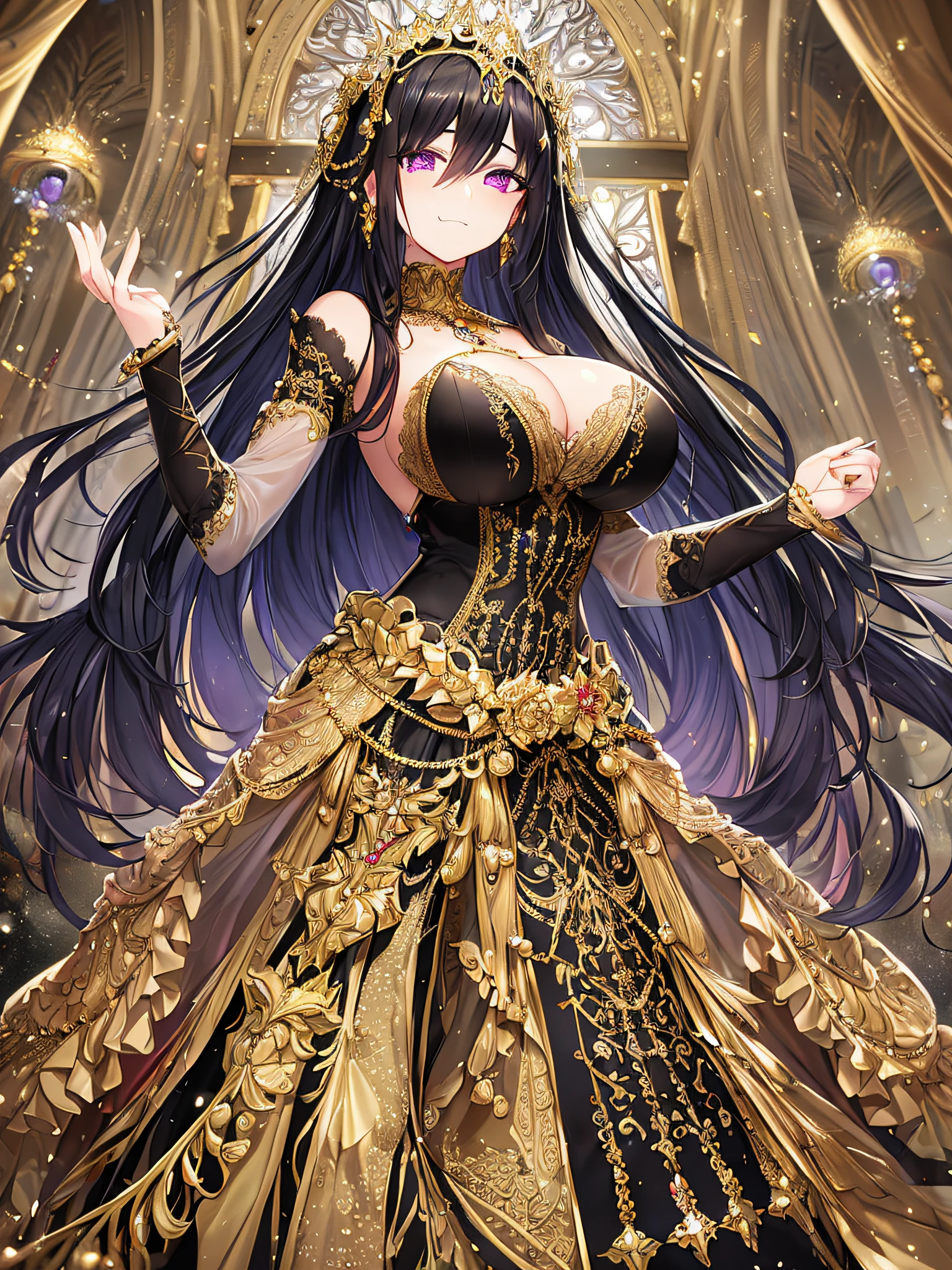 ((anime artstyle)),(Masterpiece),(Best Quality), (Super Detail),((Very Delicate and Beautiful)),Focus on character,Dynamic Angle,Looking at viewer,((Solo)),standing,((full body)),((one arrogant queen in gorgeous embroidery black and gold gorgeousfull BlingBling ball gown with voluminous skirt)),((BlingBling)),((arrogant)),((smug)),(Purple eyes),Sharp eyes,detailed face and eyes,jewel-like eyes,(((Very Long voluminous black Hair))),Straight Hair,((Bangs between eyes)),((gorgeousfull embroidery and lace)),gorgeous corsage,See-through,Gorgeous jewelry ornaments,gorgeousfull BlingBling hair ornament,(gorgeousfull BlingBling tiara with jewels),ornate ruffles,curvy,skindentation,((gigantic breasts,Long breasts)),((full body)),(hoop skirt,crinoline),(((gorgeous embroidery and jeweled black and gold BlingBling gorgeousfull ball gown with voluminous skirt)))