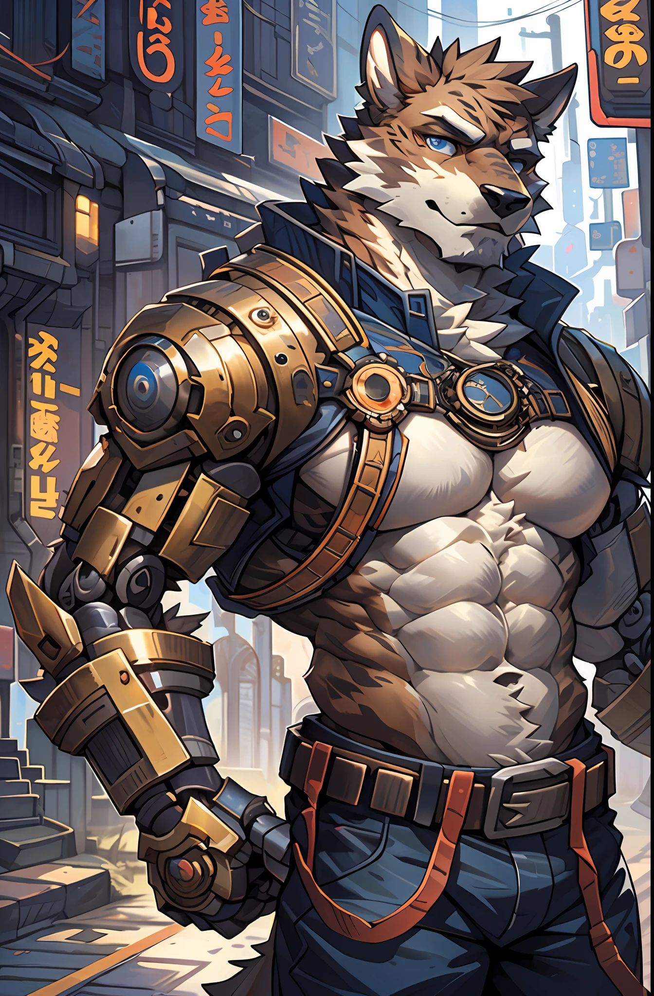 top quality, High-quality illustrations by Johannes Vermeer, masterpiece, Dark_Fantasy, Cyberpunk, steam punk(super handsome boy, single, kemono)Mechanical marvel, Robotic presence, Cybernetic guardian, wearing a worn-out mech suit, intricate(steel metal, rusty)(furry anthro:1.7)(Furry body, dog facial features, dog body features)elegant, clear focus, shot by greg rutkowski, soft lighting, vibrant colors, masterpiece((street))cowboy shot, dynamic pose,
