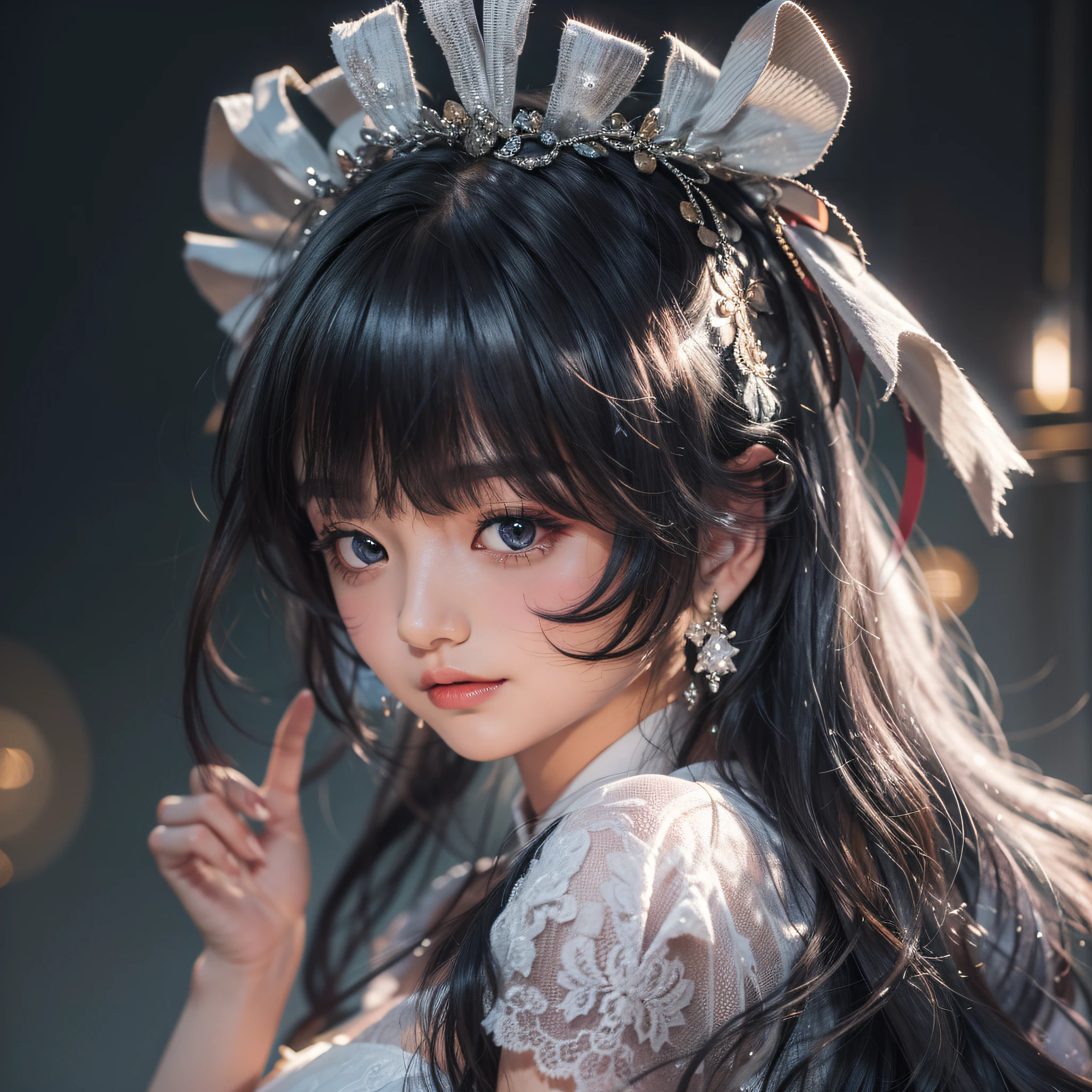 black hair, bangs, hair over shoulder, expressive hair, shiny hair, maid headdress, ribbon, glowing eyes, makeup, UHD, 16k, best quality, high details, highres, super detail, masterpiece