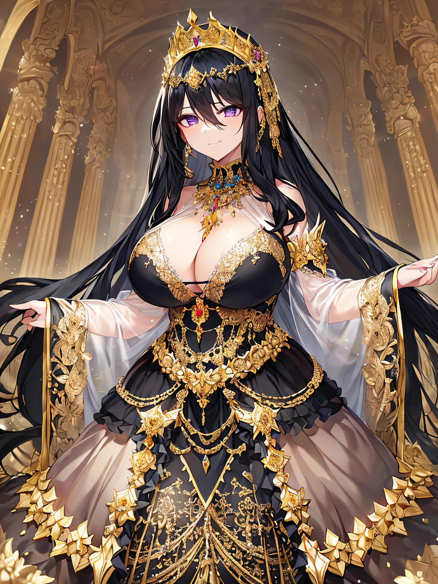 ((anime artstyle)),(Masterpiece),(Best Quality), (Super Detail),((Very Delicate and Beautiful)),Focus on character,Dynamic Angle,Looking at viewer,((Solo)),standing,((full body)),((one arrogant queen in gorgeous embroidery black and gold gorgeousfull BlingBling ball gown with voluminous skirt)),((BlingBling)),((arrogant)),((smug)),(Purple eyes),Sharp eyes,detailed face and eyes,jewel-like eyes,(((Very Long voluminous black Hair))),Straight Hair,((Bangs between eyes)),((gorgeousfull embroidery and lace)),gorgeous corsage,See-through,Gorgeous jewelry ornaments,gorgeousfull BlingBling hair ornament,(gorgeousfull BlingBling tiara with jewels),ornate ruffles,curvy,skindentation,((gigantic breasts,Long breasts)),((full body)),(hoop skirt,crinoline),(((gorgeous embroidery and jeweled black and gold BlingBling gorgeousfull ball gown with voluminous skirt)))