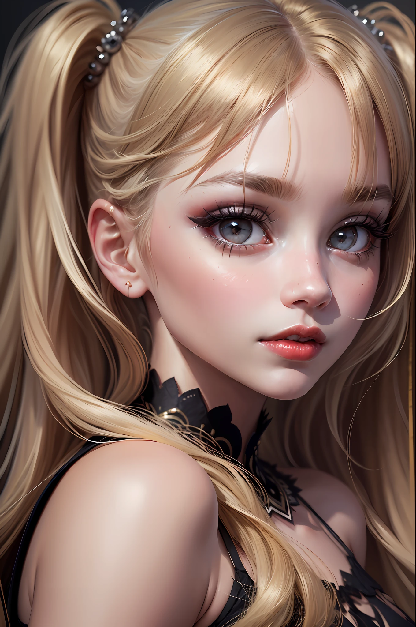 (8k, 4k, best quality, highres, ultra high res:1.1), (masterpiece, realistic, photo-realistic:1.1), 1girl, face, close-up, twintails, blonde hair, black eyes, red lips, (looking at viewer:2), absurdly long hair, long eyelashes, eyeshadow, small face, big eyes,
bare shoulders,
high contrast, --auto --s2