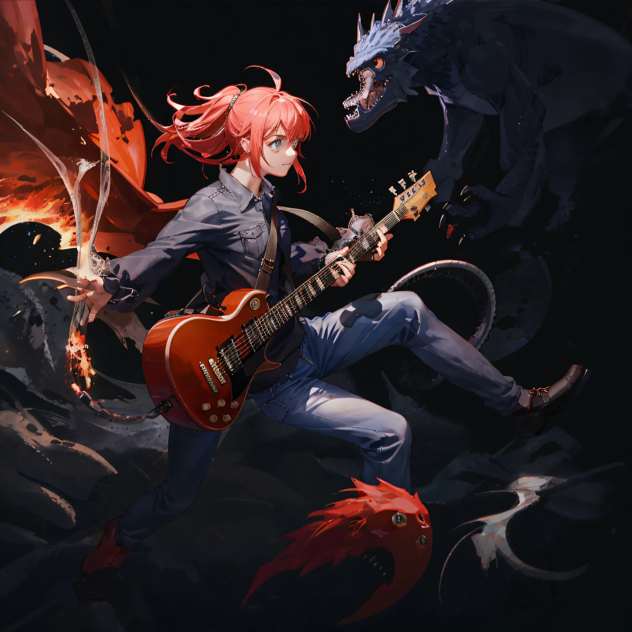 a person fighting monsters and playing guitar, em um ambiente de aventura