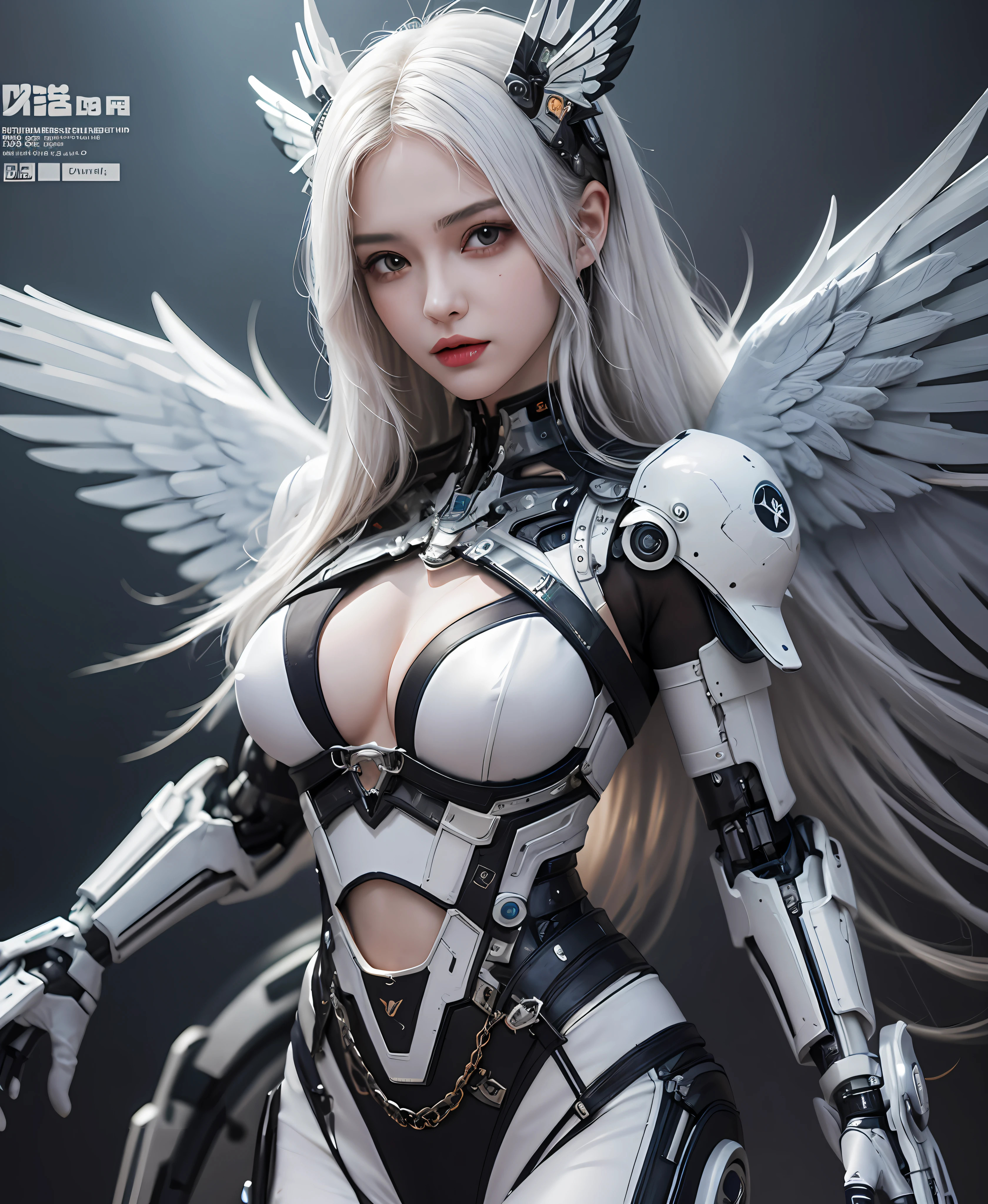 white hair、long fluttering hair、strong breeze、a purple eye、radiant eyes、Mechanical Angel、large metal wings、Steampunk Girl、Colossal tits、The face and chest are alive、Cleavage is visible。photoRealstic、portfolio、White Latex Suit、White porcelain body、Evangelion-style metal mecha suit、Combat cyborg、Sumerian details、metalic、detailed mechanical components、Bundle of thin tubes、Metal cylinder、Detailed neon、Fine LED、Fine parts、cowboy shot、character edge light、