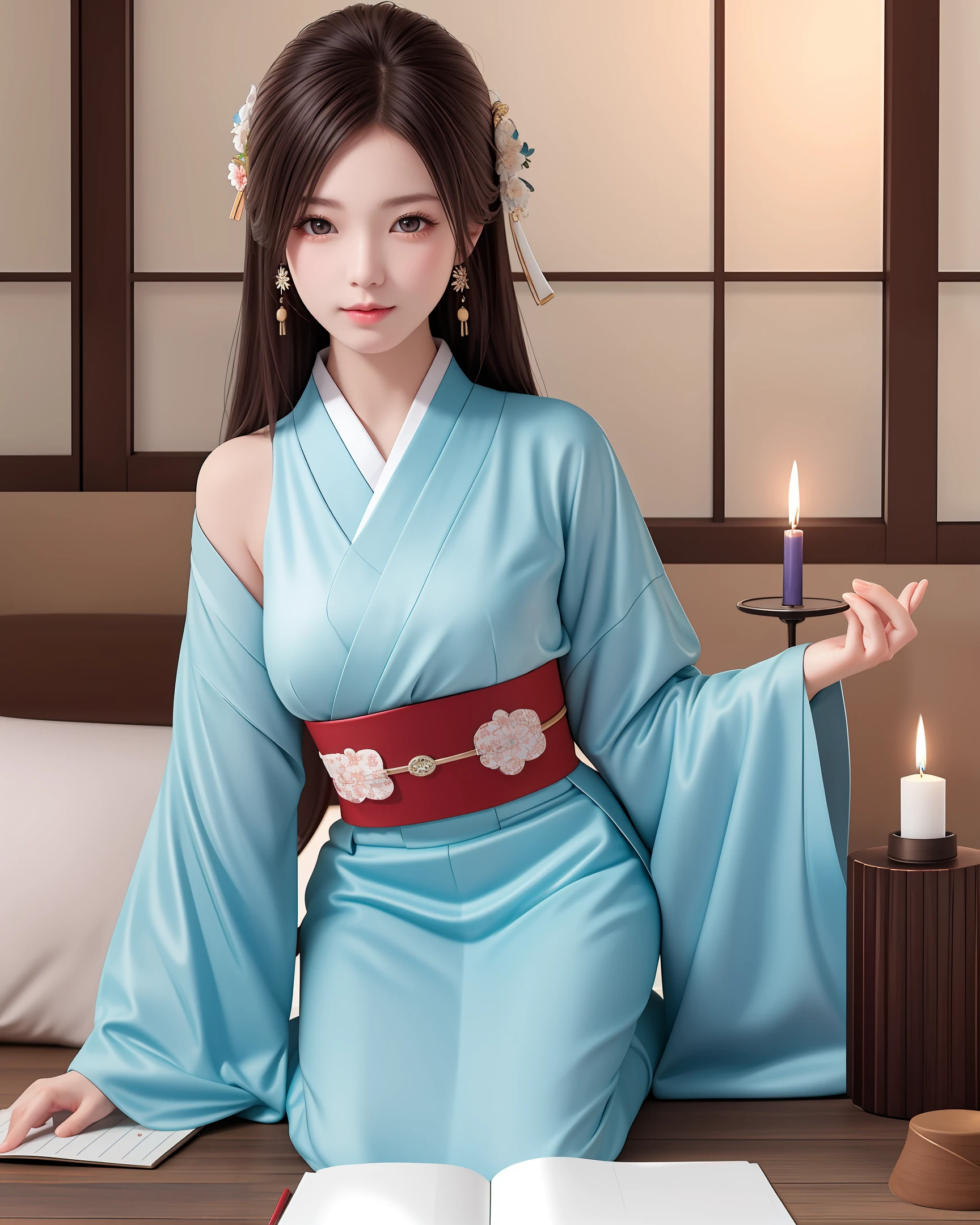 A Japanese sexy beauty sitting in front of a notebook，The notebook displays a stock candlestick chart，Realistic and realistic style