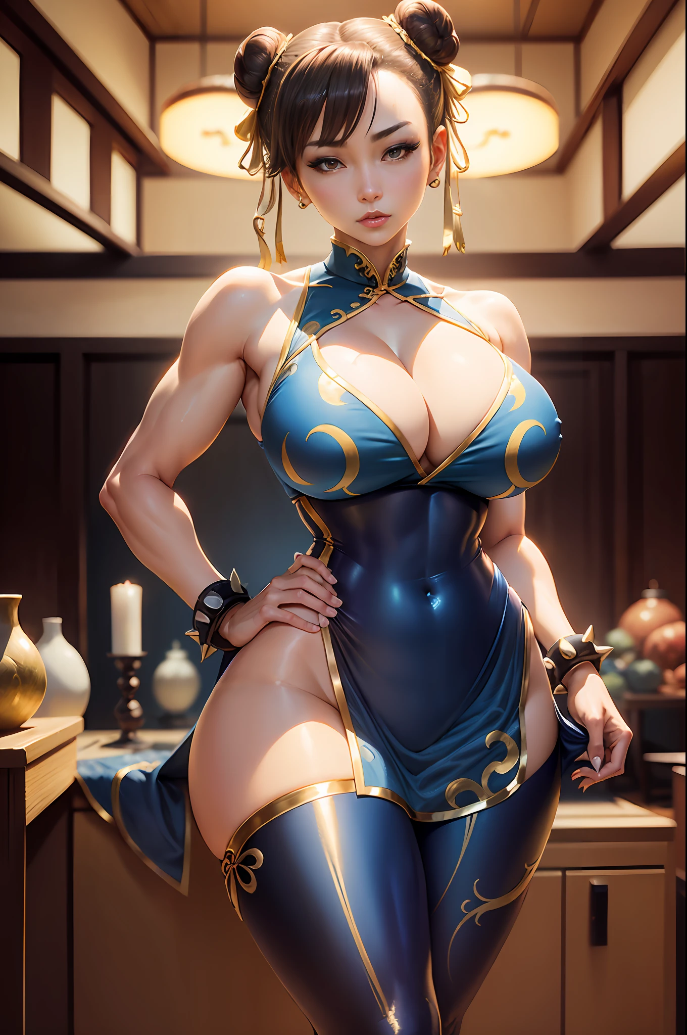 Chun-li, 40_years_old, mature looking woman, MILF, (1girl), solo:1.4, (in a blue and gold qipao_embroidered posing for a picture, cleavage, brown leggings, loincloth) portrait of chun-li, (brown_eyes, short_hair, brown_hair, double_bun), oppai, oppai proportions, hyper-realistic anime, japanese goddess, highly detailed, large_breasts, cleavage, nipple outline, shiny skin, perfect body, perfect face, hyperrealistic full figure