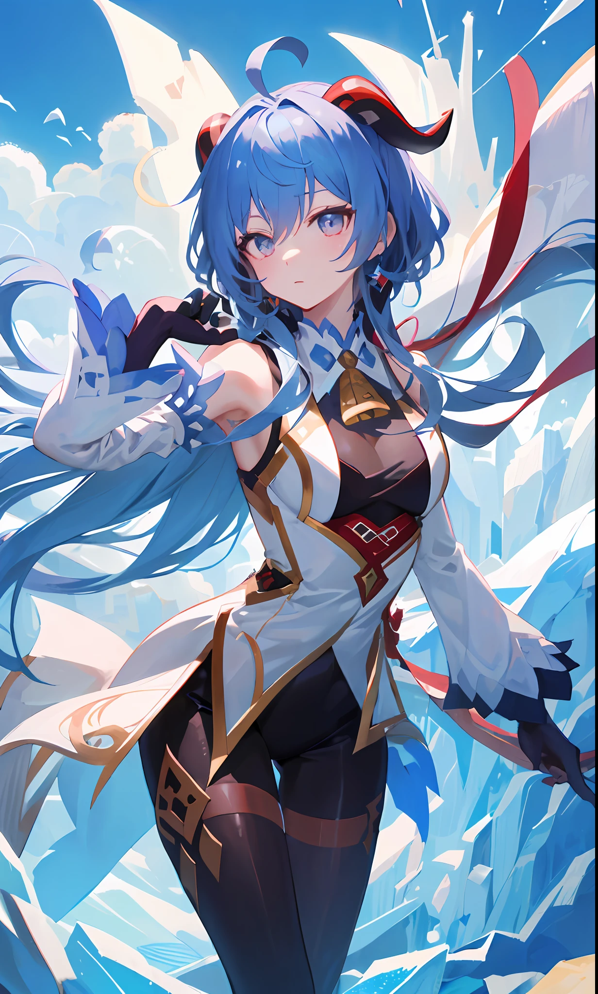 ((tmasterpiece,4k wallpaper,best qualtiy))ganyudef, Be red in the face, In the daytime, simple backgound, blue-sky, short detailed hair, Moody light,light blue hair,light particules,韓国アイドル,River side,Blue Themes,ice element,Busty body,face expressionless,Brilliant,smooth thigh