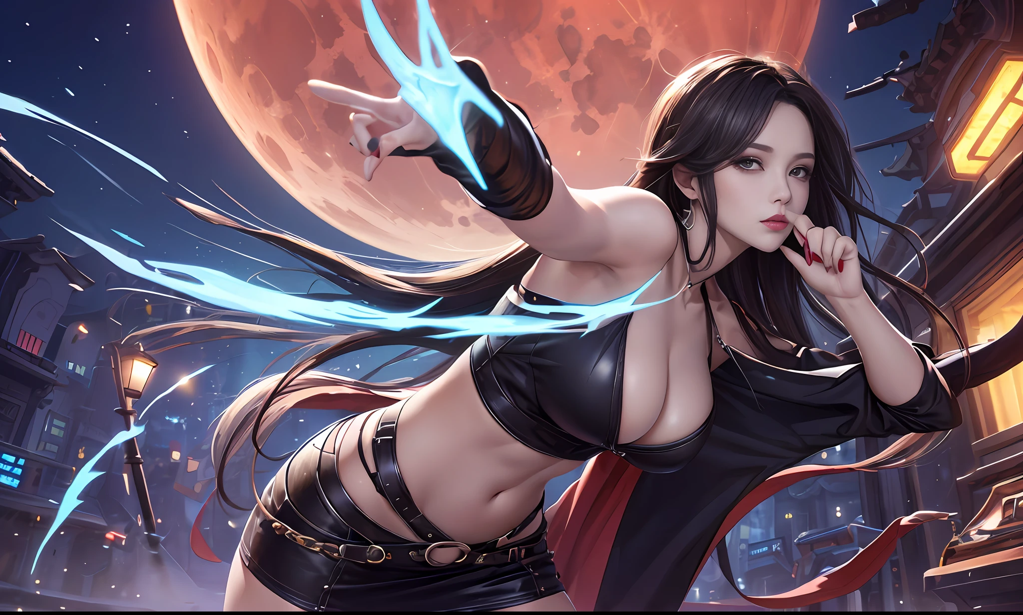 1female ,A beautiful woman with a superb figure ,Extreme female body,oppai,Attractive groin, Around 25 years old,Seductive eyes ,(Extremely high level of makeup ,(Theatrical makeup),Pink eyeshadow,A bit of smoky makeup) ,(Long black hair) ,((garments(Slip shirt) ,(Bandeau vest),(smock),(leather pant),(Split skirt))colours(red colour,blue colors,Pink big breasts,amarelo,cyan colors,Pale,brownish colors,Rose,amber,white colors ))),Nice fingers((Correct fingers),(Normal human hands,Consistent with human dissection),(Slender fingers) )(Red manicure,Long nails,A red halo snakes through),fully body photo。8k hdr,extreme hight detail,tmasterpiece,Highest image quality,Reminiscent of meaningless pictures,Enrich the picture,Colorful bright background,Psychedelic light and shadow effects。Highlight the characters,Clear and vivid,Clear face。The Blood Moon serves as the background center (milky ways )(meteors)Decoration around。Aesthetic principles,Large depth of field,Transparency effect,Official artwork,The picture is colorful。 --auto