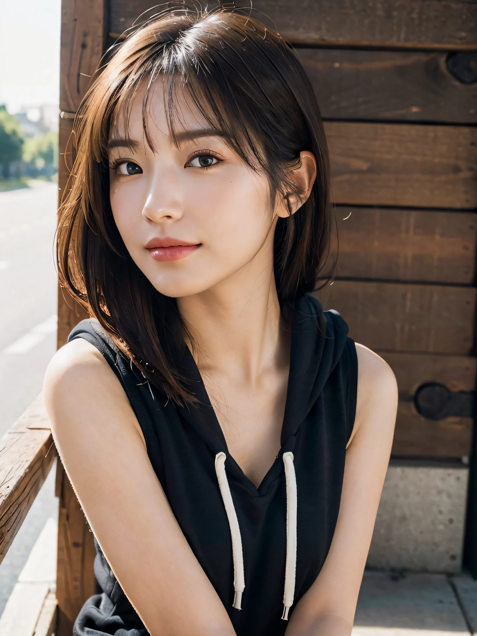 ((Best Quality:1.2, 8K, Sharp Focus, master piece: 1.2, natural Light, extremely details CG, beautiful Girl:1.2, reality, Detailed face textures, Realistic skin, beautiful makeup, octane render, magnificent, Detailed bangs)), (depth of fields), Bokeh background, Head tilt, Smile, brown long hair, Cowboy Shot, (sleeveless hoodie), wind, selfie , from side, from below, looking at viewer