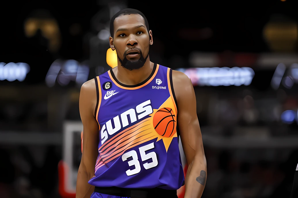 Have a beard、Alafeld basketball player in purple jersey，Light under the sun，ƒ/5.0 aperture，taken in the early 2020s，The atmosphere on the NBA court，Gray tones，ƒ/5.6 aperture，An inventory image is used，Look to the side outside the camera，wearing NBA jersey，The eyes were fixed on his side，Accompanied by thunder，Center-centered composition。