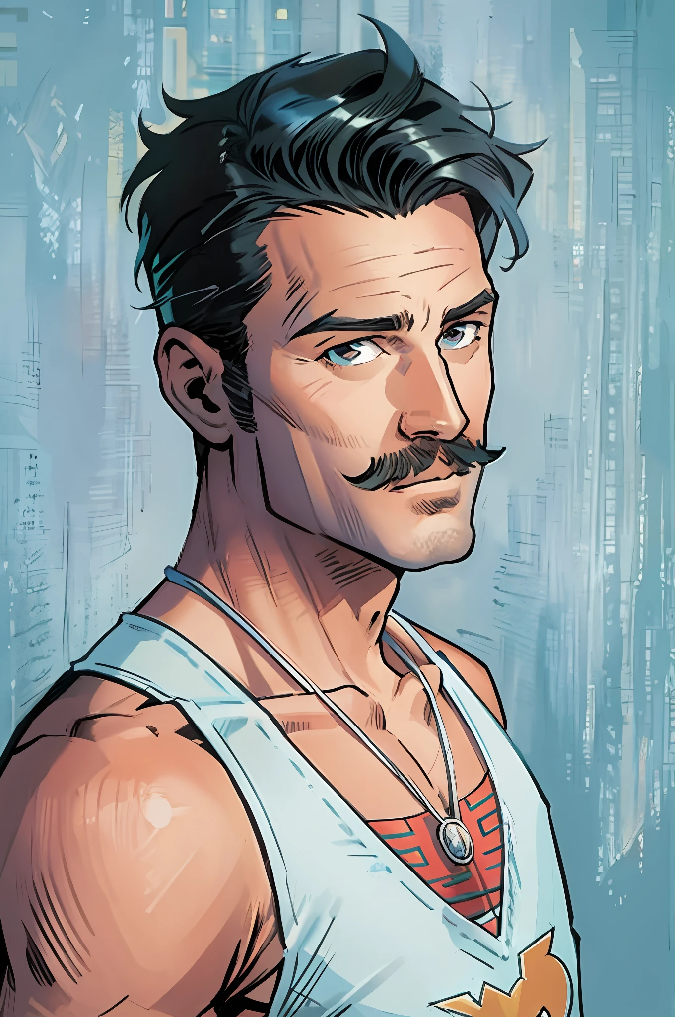 there is a man with a mustache and a mustache on his head,(Masterpiece), (best detail), ,Young and good-looking，(Best quality), jim lee, simple background, DC comics, Marve Comics，Detailed illustrations,American comics background，flat illustration