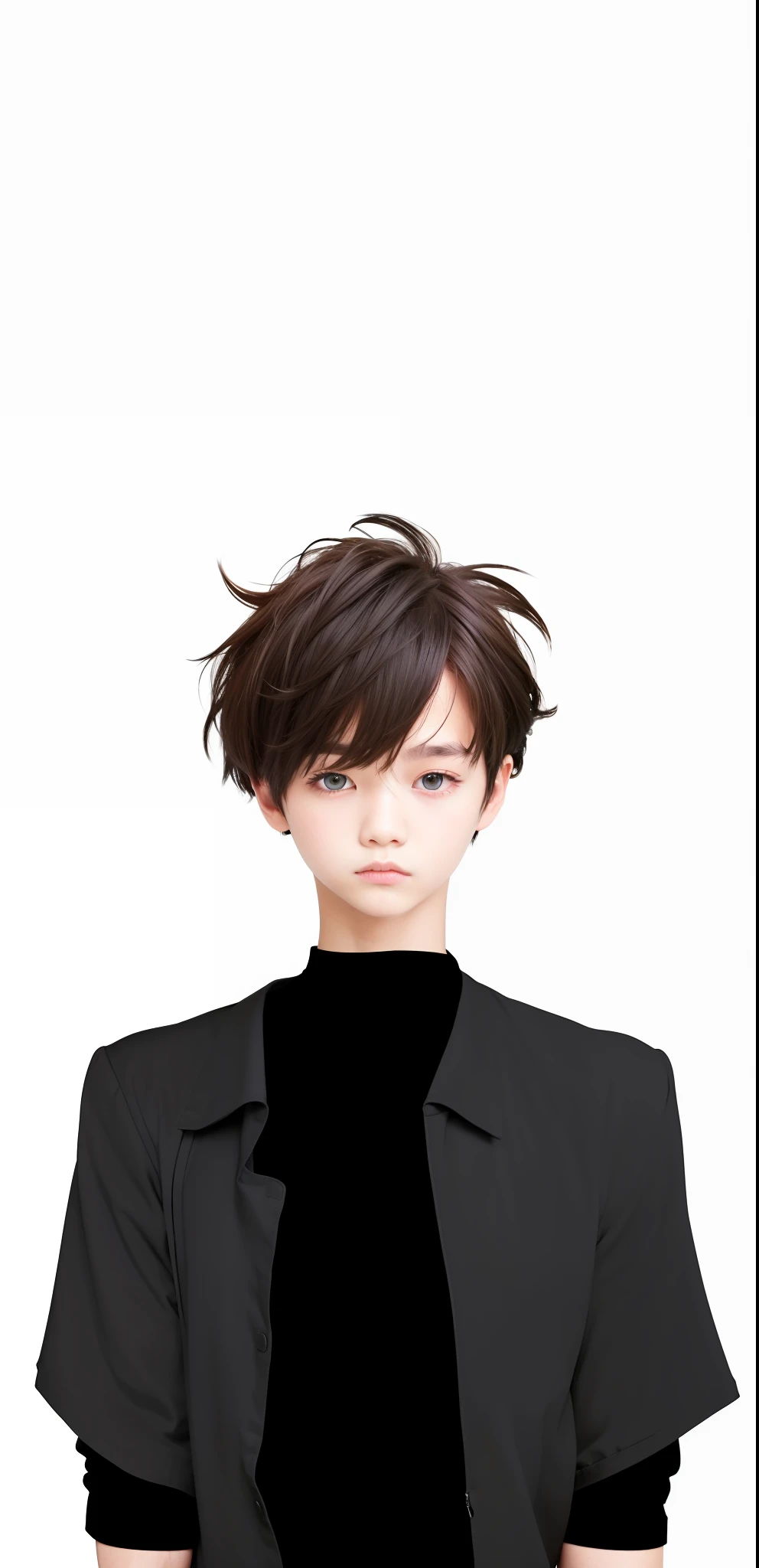 1boy, black jacket, black shirt, brown hair, dark blue eyes, realistic, ultra detail, baby face
