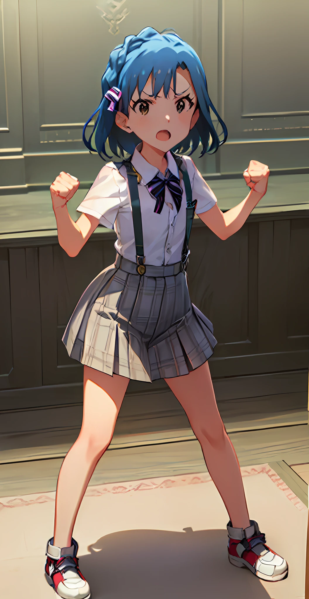 yuriko nanao (million live). Short stature. white t-shirts. suspenders.Skirt.(((masterpiece))).(((best quality))).((Ultra-detailed))).(((illustratio))). (((fighting stance))).(((a room))).(((make a fist))).(((up chest))).Despair face.((short-hair)).((Medium chest)).((Opening Mouth)).((Look at viewers))