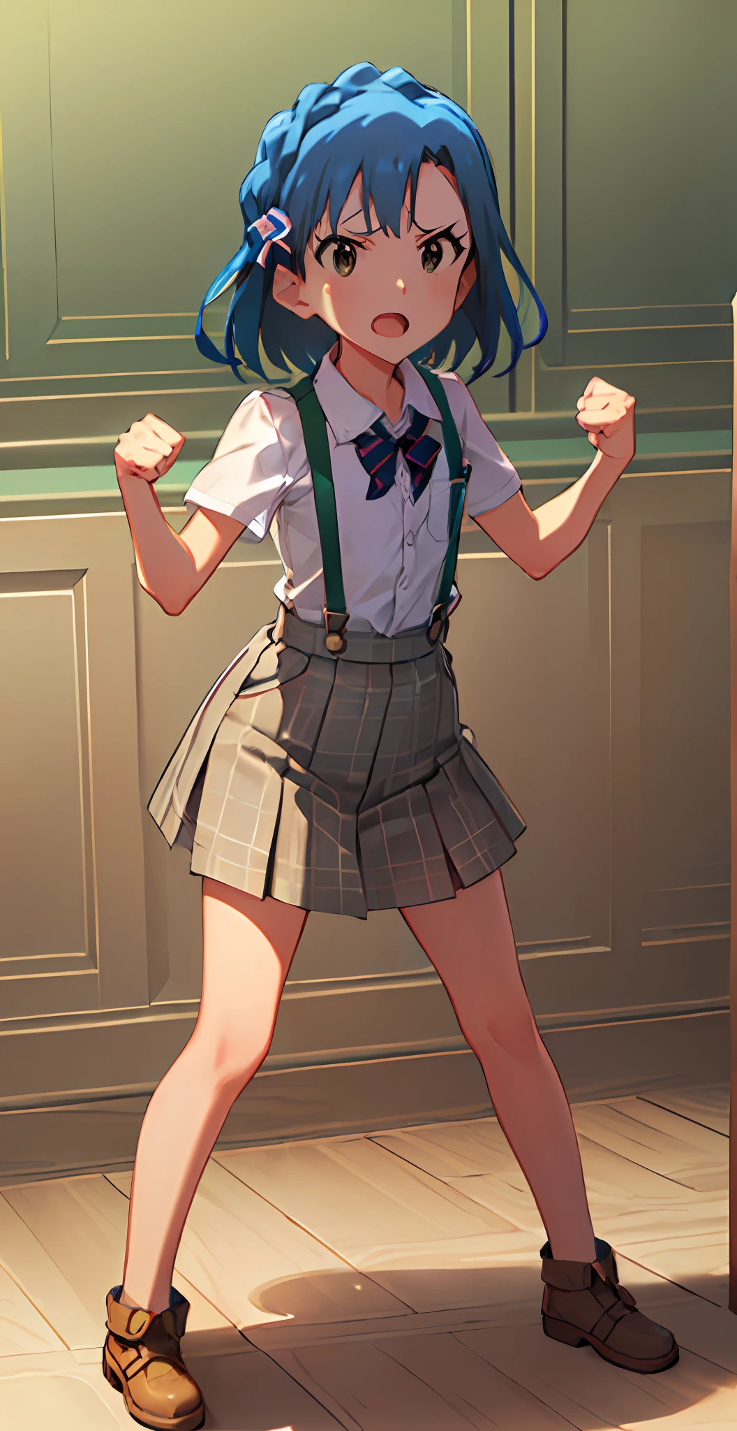 yuriko nanao (million live). Short stature. white t-shirts. suspenders.Skirt.(((masterpiece))).(((best quality))).((Ultra-detailed))).(((illustratio))). (((fighting stance))).(((a room))).(((make a fist))).(((up chest))).Despair face.((short-hair)).((Medium chest)).((Opening Mouth)).((Look at viewers))