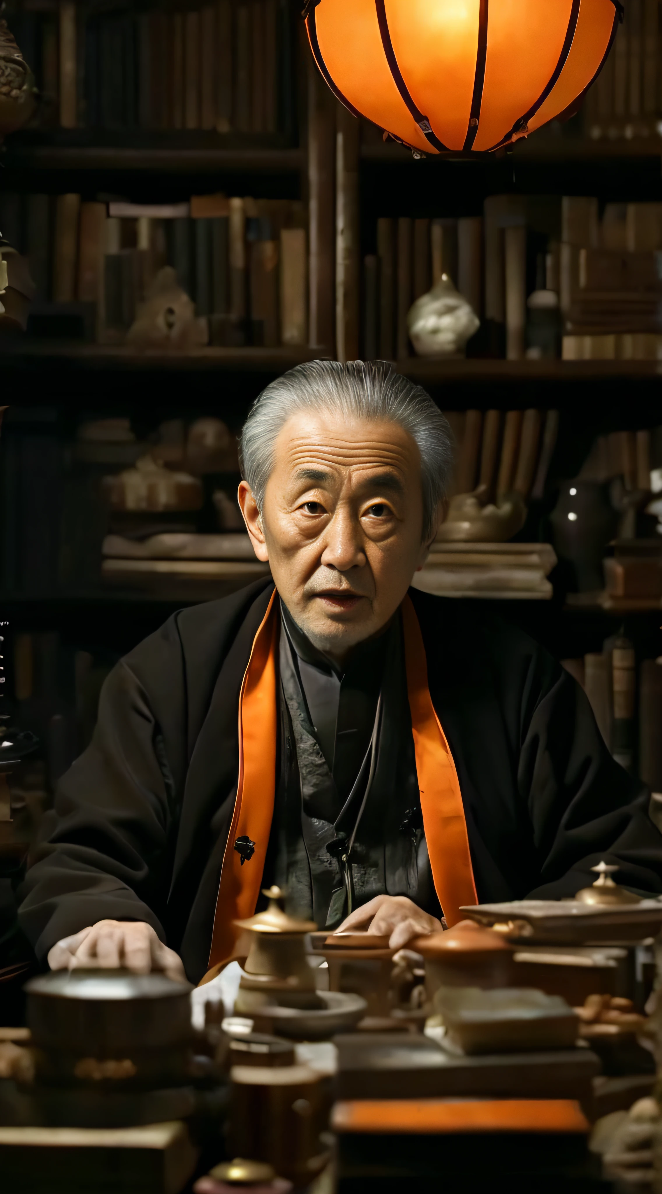 The Arafards sat at the table，There is a lamp overhead, amano yoshitaka, ryohji hase, Taoist, ishirō honda, tatsuyuki tanaka hd, masakazu katsura, yoshiyuki sadamoto, zhang daqian, Taoist master, inspired by Wu Daozi, Leiji Matsumoto