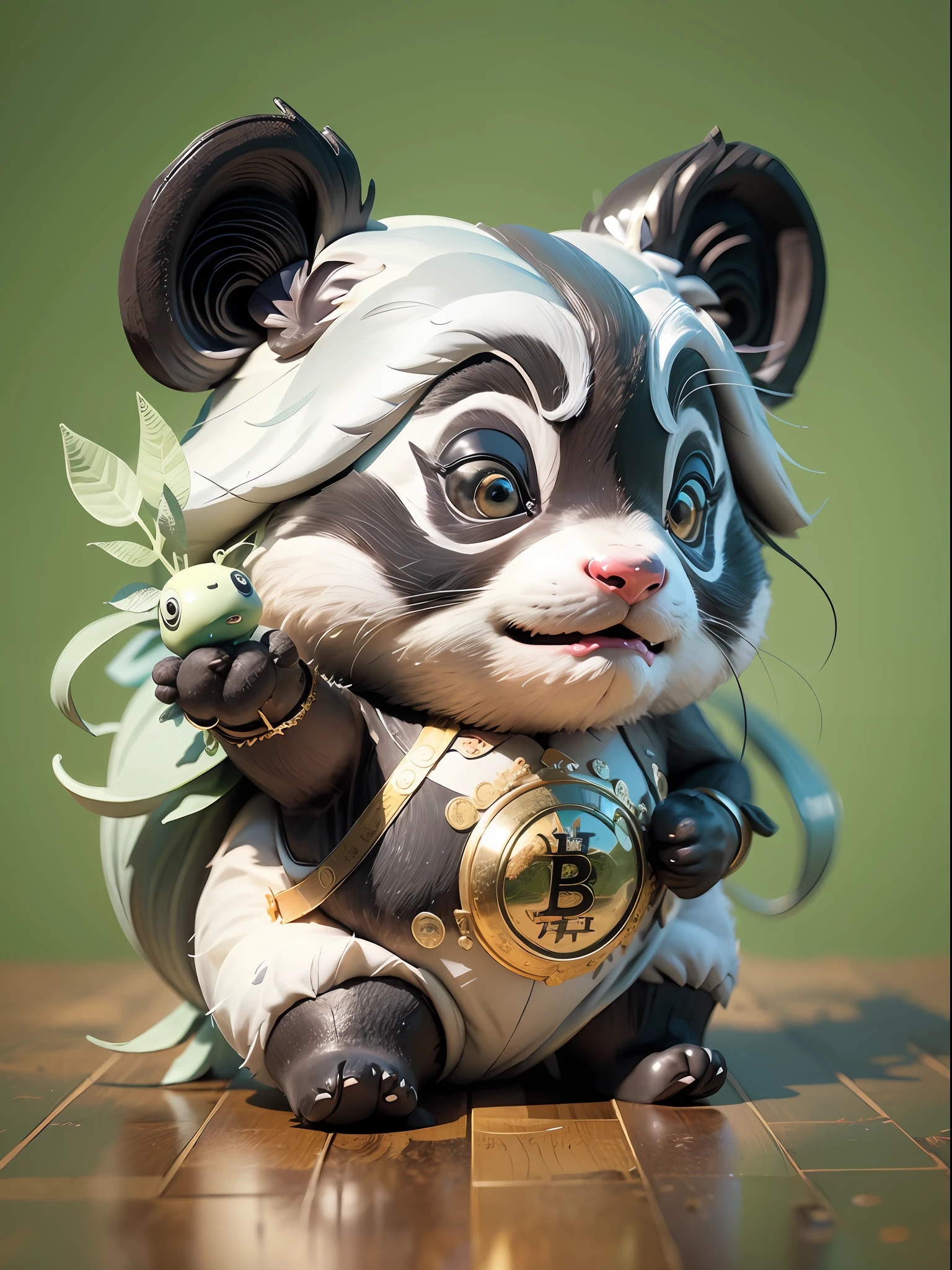 full body, chibi, front, fashion toy, paobaotang style, ancient chinese mythological panda, black and white color scheme, kung fu panda, chivalrous panda with bitcoin, gold bitcoin, trend, cool, model, blind box toy, ip, pop bazaar, shiny material, shiny, simple premium color scheme, white clean background, 3D, octane, best quality, C4D, OC effect, pinterest, super detail