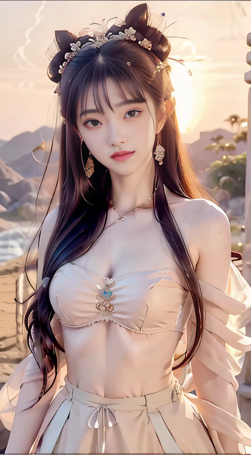 Bust photo, face close-up, face shot, a beautiful woman, messy hair, girly, symmetrical bun, hair accessories, jewelry, delicate face, (suspenders: 1.5), (high split lower skirt 1.7), (many patterns: 1.5), crop navel, open belly, Dunhuang style, a lot of streamers, delicate skin, soft light effect, delicate and smooth hair, delicate details, eye highlights, fair skin, fine portrayal, extreme details, cinematic quality, thin, slender, broken, hair details, thin bangs, shawl hair, right body, shadow, air bangs, 8K, super fine, fine fabric texture, soft, smooth, smooth texture, ((Dunhuang style)) )))), delicate patterns, correct hand painting,