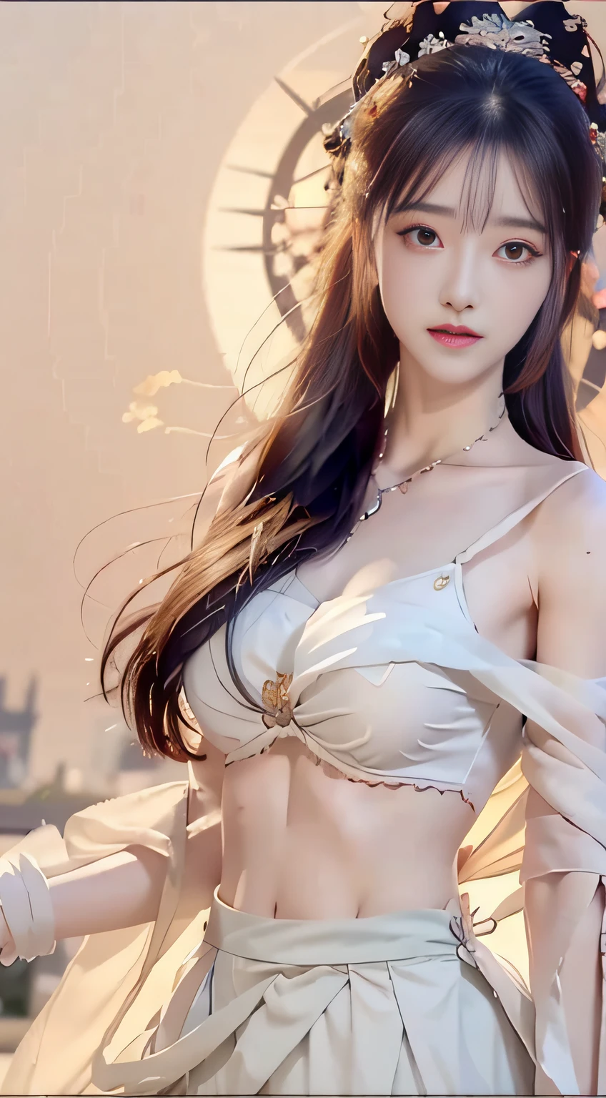 Bust photo, face close-up, face shot, a beautiful woman, messy hair, girly, symmetrical bun, hair accessories, jewelry, delicate face, (suspenders: 1.5), (high split lower skirt 1.7), (many patterns: 1.5), crop navel, open belly, Dunhuang style, a lot of streamers, delicate skin, soft light effect, delicate and smooth hair, delicate details, eye highlights, fair skin, fine portrayal, extreme details, cinematic quality, thin, slender, broken, hair details, thin bangs, shawl hair, right body, shadow, air bangs, 8K, super fine, fine fabric texture, soft, smooth, smooth texture, ((Dunhuang style)) )))), delicate patterns, correct hand painting,