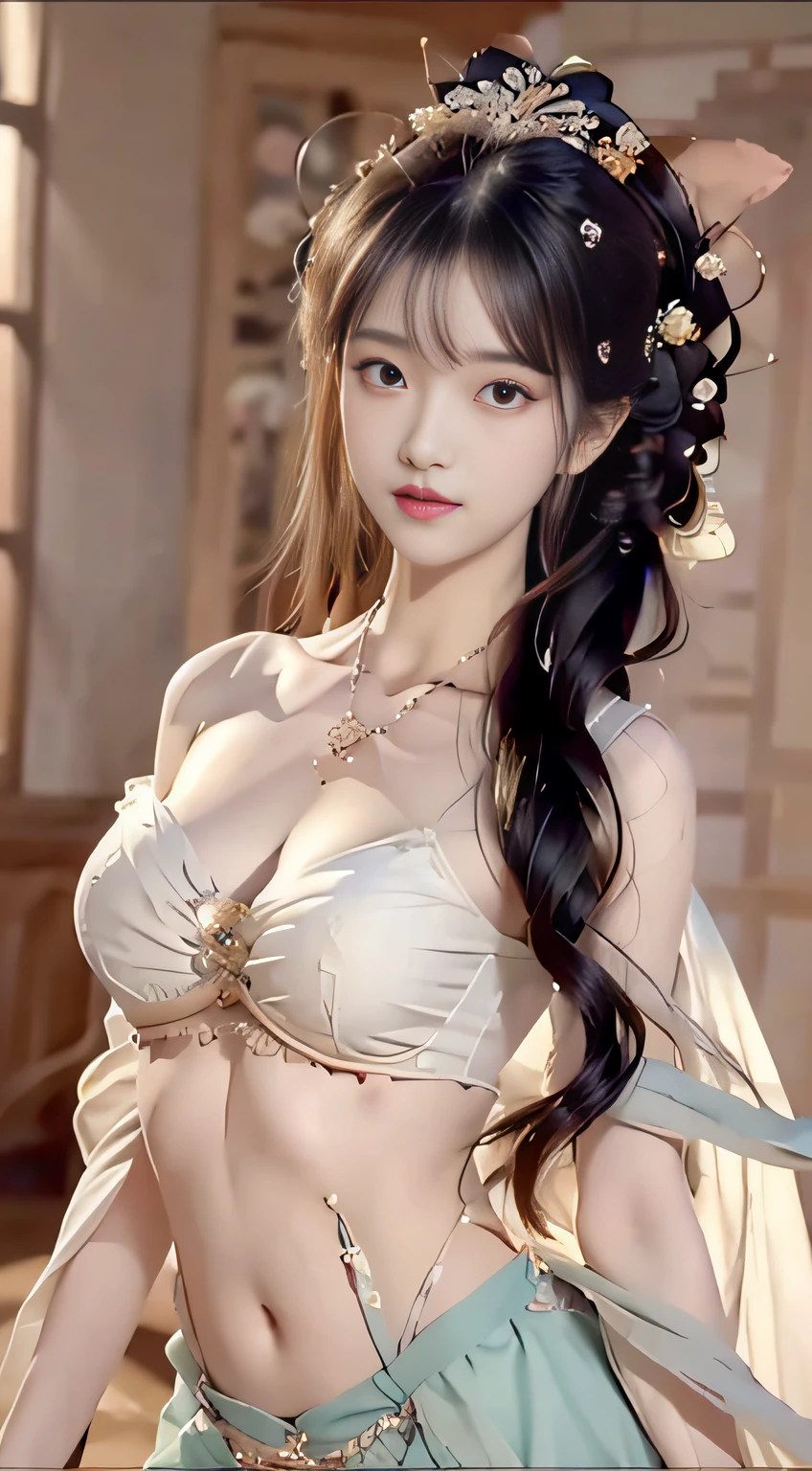 Bust photo, face close-up, face shot, a beautiful woman, messy hair, girly, symmetrical bun, hair accessories, jewelry, delicate face, (suspenders: 1.5), (high split lower skirt 1.7), (many patterns: 1.5), crop navel, open belly, Dunhuang style, a lot of streamers, delicate skin, soft light effect, delicate and smooth hair, delicate details, eye highlights, fair skin, fine portrayal, extreme details, cinematic quality, thin, slender, broken, hair details, thin bangs, shawl hair, right body, shadow, air bangs, 8K, super fine, fine fabric texture, soft, smooth, smooth texture, ((Dunhuang style)) )))), delicate patterns, correct hand painting,