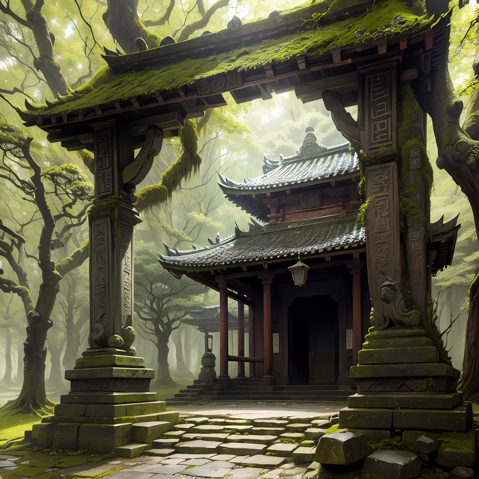 Ancient temple gate，stone steps，Covered with moss，Towering ancient tree，Branches and leaves cover the sky --auto