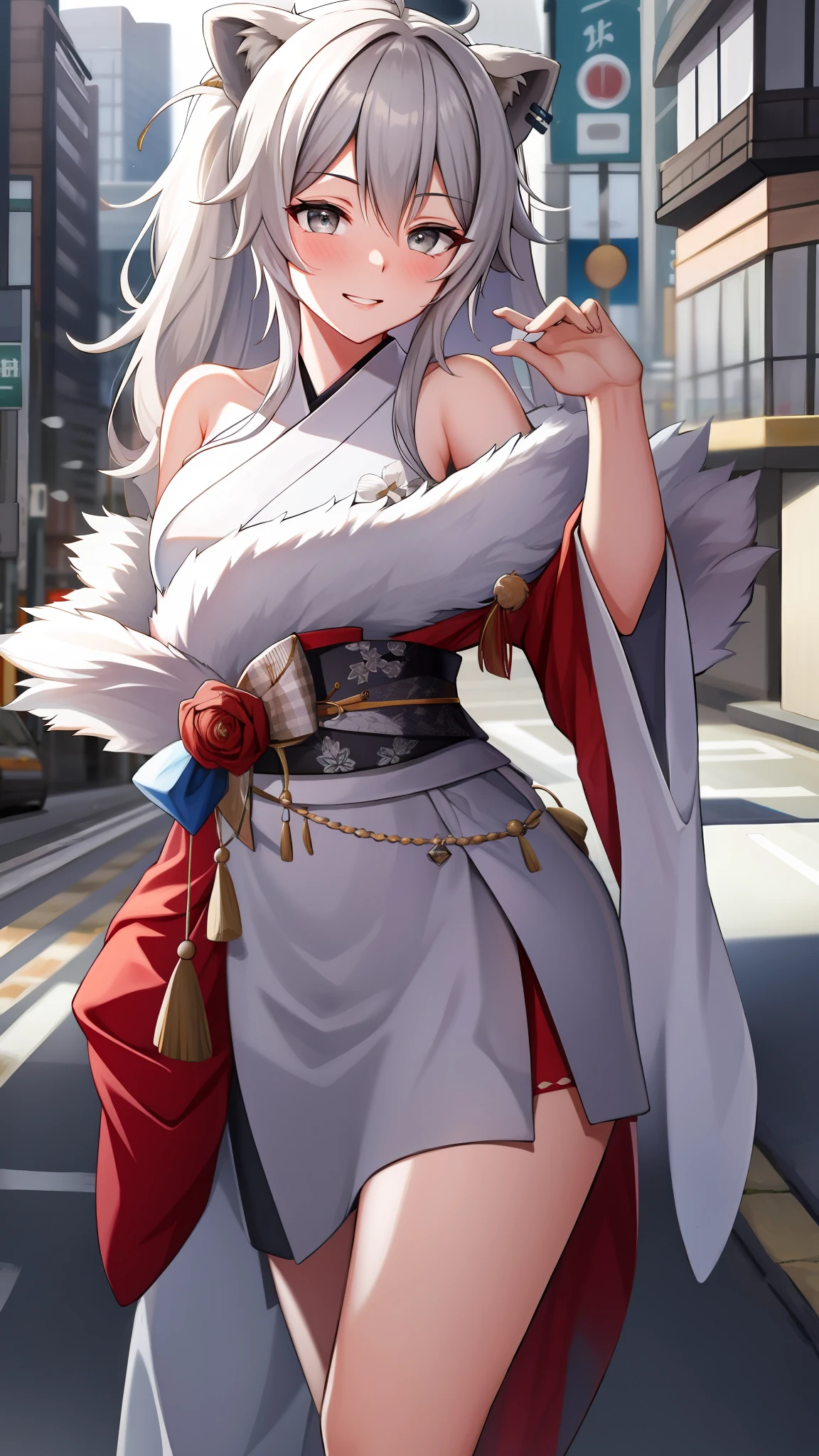 absurdres, highres, best quality,  Botan, japanese kimono, bare shoulder, fur-trim, oionlion ears, messy hair, messy hair, grey eyes, grey hair, long hair, dynamic pose, sexy pose, seductively smile, blush, hands behind back, city road, on the road,