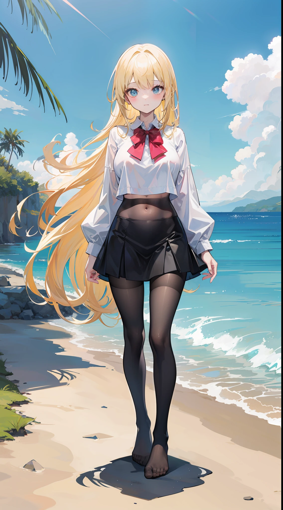 Masterpiece((tmasterpiece)),(White color blouse),((black micro skirt)),(Black transparent stockings),adolable,is shy,(Long yellow)Hair,red bowtie,long leges,(Have by the sea),(Facing the sea),Open navel,No shoes on,(standing on your feet)
