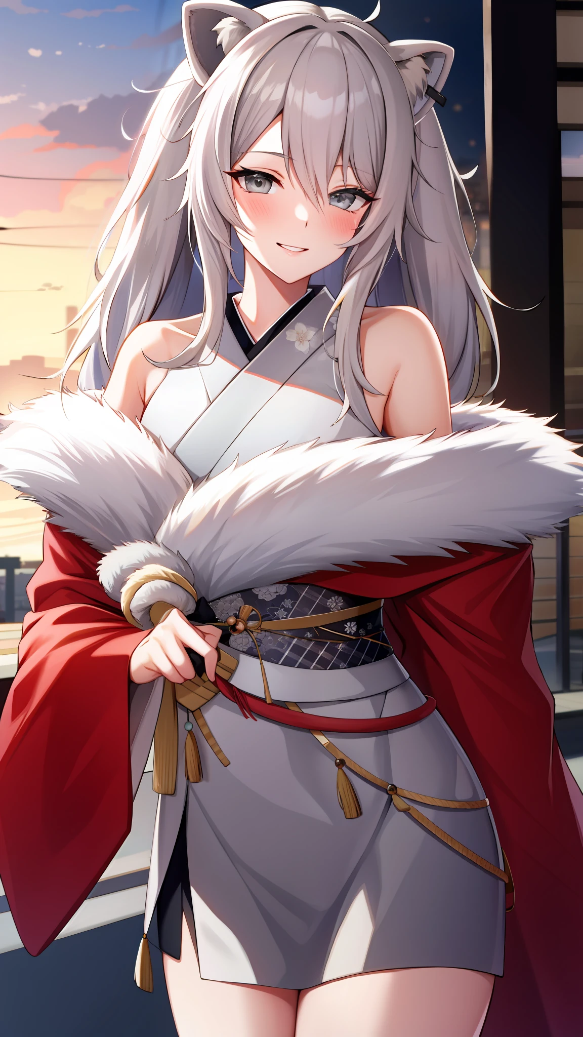 absurdres, highres, best quality,  Botan, japanese kimono, bare shoulder, fur-trim, oionlion ears, messy hair, messy hair, grey eyes, grey hair, long hair, dynamic pose, sexy pose, seductively smile, blush, hands behind back, city road, on the road,