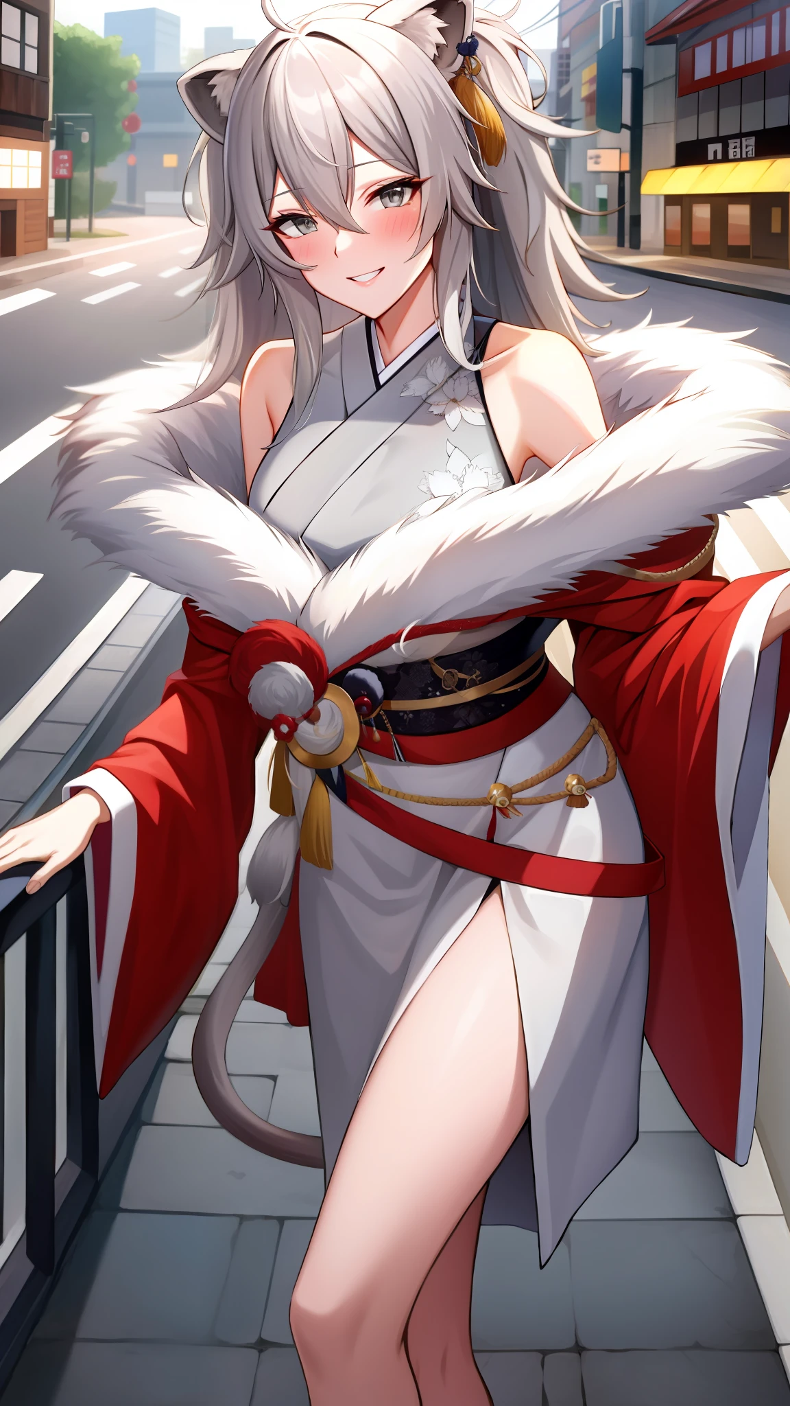 absurdres, highres, best quality,  Botan, japanese kimono, bare shoulder, fur-trim, oionlion ears, messy hair, messy hair, grey eyes, grey hair, long hair, dynamic pose, sexy pose, seductively smile, blush, hands behind back, city road, on the road,