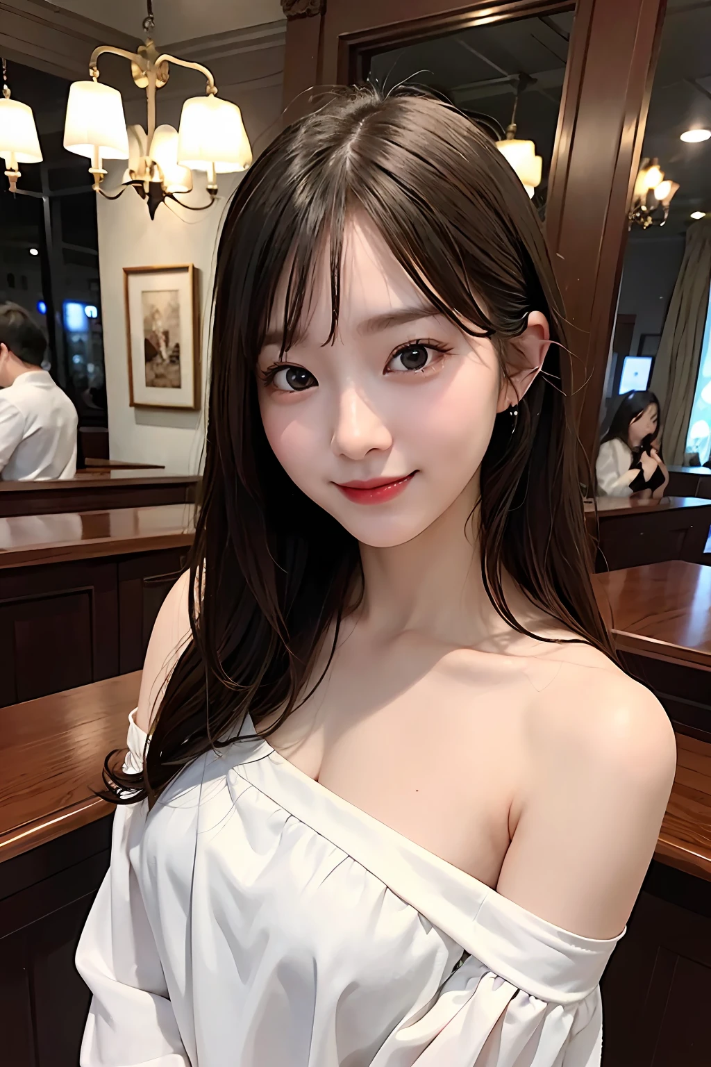 extremely detailed eye、extra detailed face、best qualtiy、masterpiece、ighly detailed、ultra-detailliert、(realisitic、Photorealsitic:1.3)、a smile、Pulling photo、inside the house、1girl in、off shoulders、Night city、dinner、a bar counter