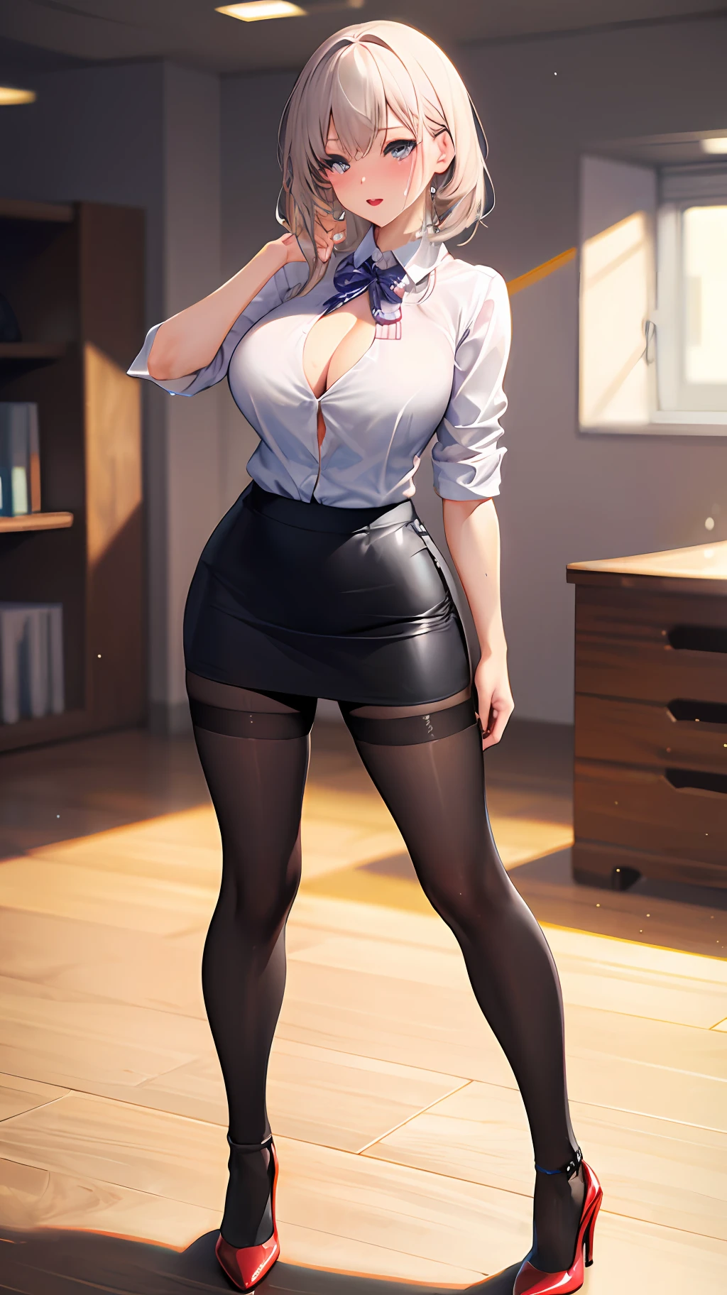 full body photo of a beautiful sexy secretary wearing extremely short skirt and seamed stockings, standing exactly, ((Solo)), Adult, In the office, High heels, desire big breasts, Sweaty