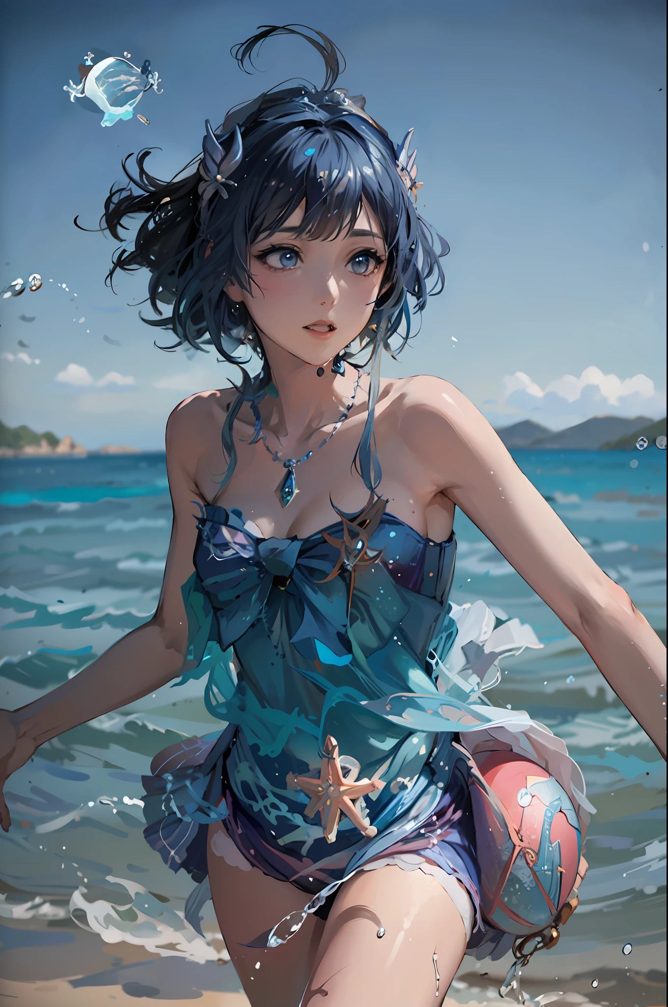 Alafid woman in blue dress holding a ball on the beach, real photoshoot queen of oceans, Anime style mixed with Fujifilm, Asian Woman Water Elemental, wearing two - piece swimsuit, water fairy, queen of the sea mu yanling, goddess of the sea, jellyfish shrine maiden, sakimichan, 8K)), with big starfish