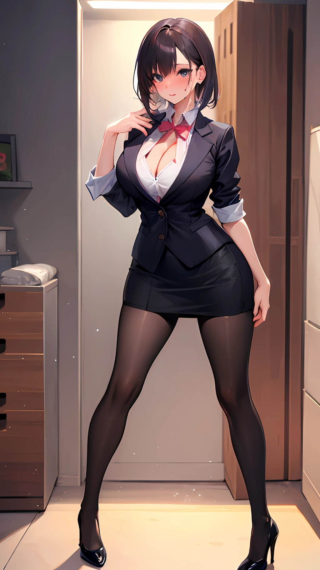 full body photo of a beautiful sexy secretary wearing extremely short skirt and seamed stockings, standing exactly, ((Solo)), Adult, In the office, High heels, desire big breasts, Sweaty