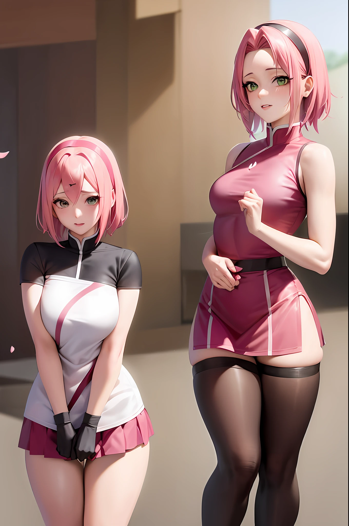 Sakura Haruno,A pink-haired,shorth hair,Red headband,Green eyes,Cherry blossom background,thighs thighs thighs thighs,Black tights,校服,student clothes,a short skirt