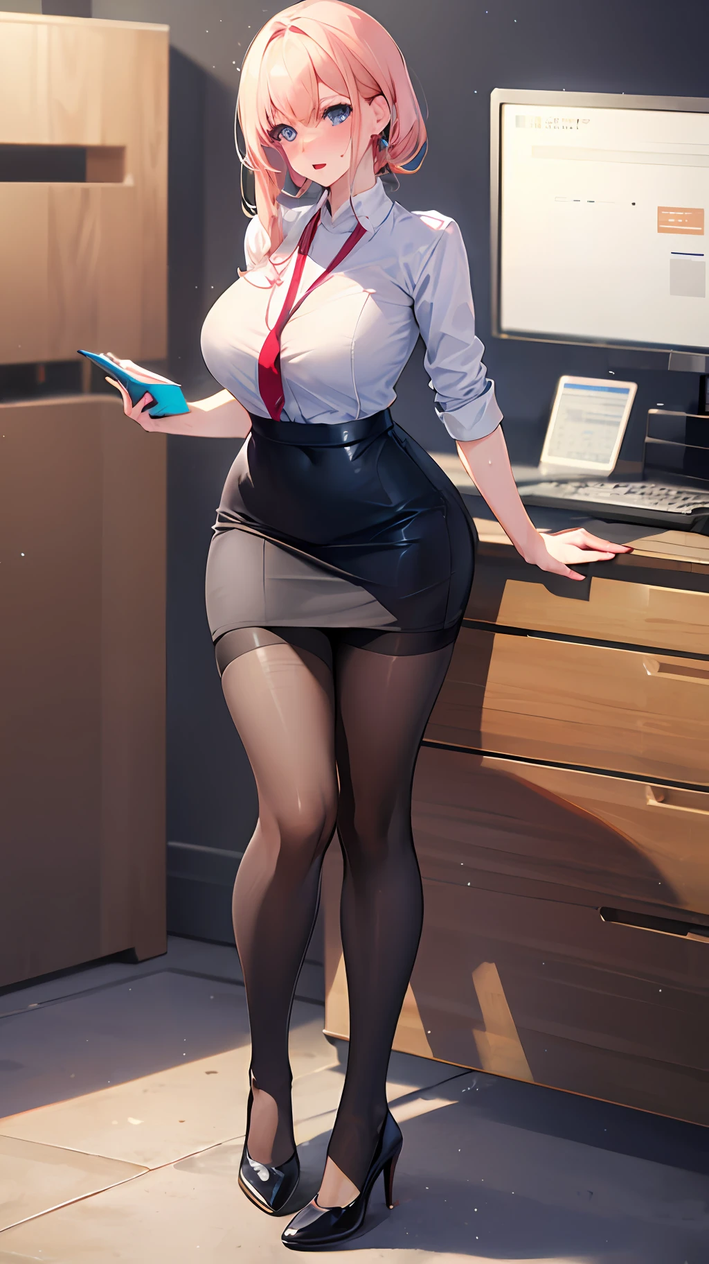 full body photo of a beautiful sexy secretary wearing extremely short skirt and seamed stockings, standing exactly, ((Solo)), Adult, In the office, High heels, desire big breasts, Sweaty
