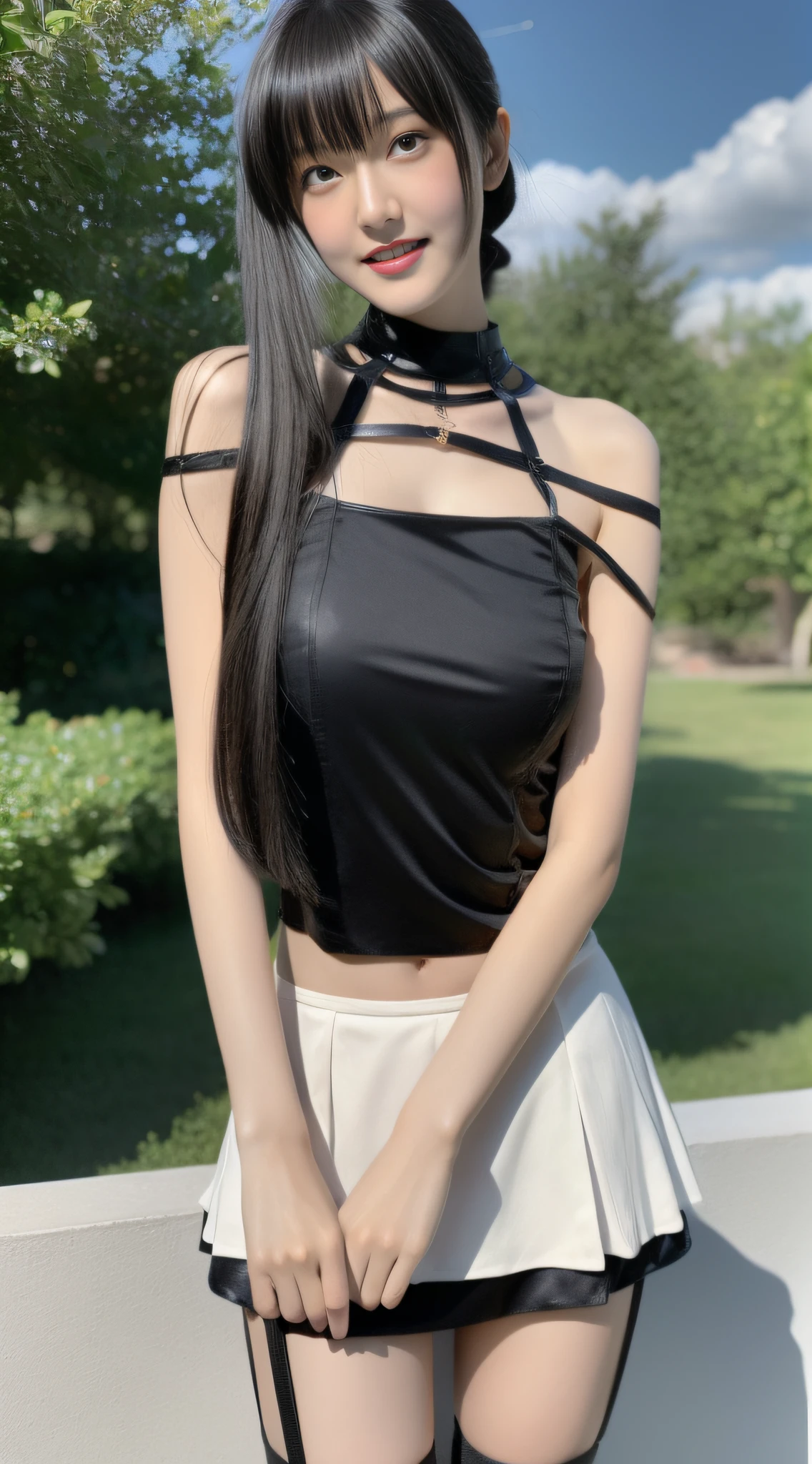 (tmasterpiece,Best quality at best,Beautiful quality,Photorealsitic,looking at viewert,Detailed lighting,Extremely detailed skin,Extremely detailed hair,Extremely detailed teeth,shadowing,8K:1.2)A pretty maiden,Wear a black bandeau top,((Half-body shooting)),short skirt,((stocklings)),Leg details,Villas,with blue sky and white clouds,small boobs