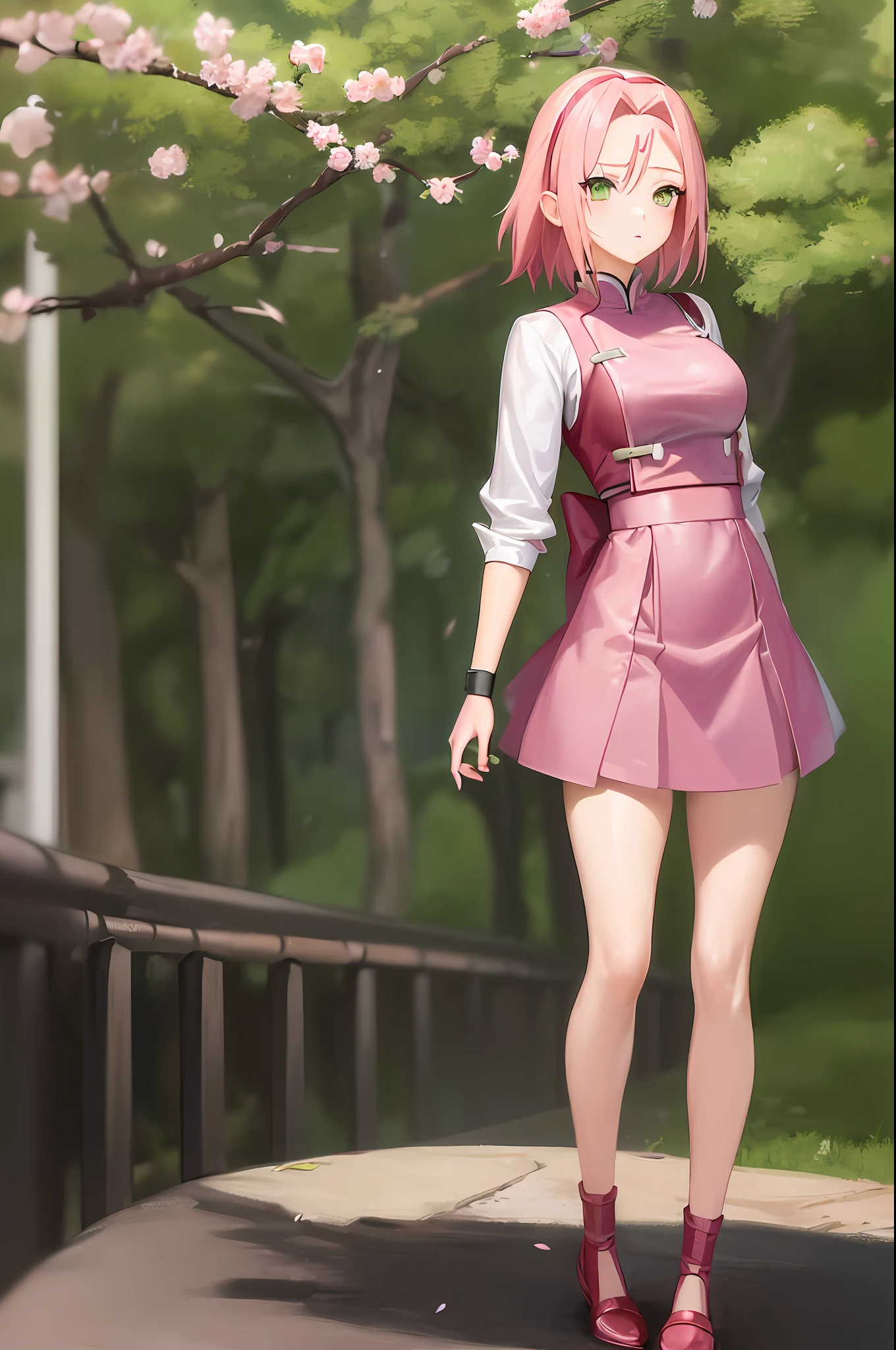 (top-quality、​masterpiece:1.3)、1girl in、Sakura Haruno,A pink-haired,shorth hair,Red headband,Green eyes,Cherry blossom background,thighs thighs thighs thighs,Black tights,校服,student clothes,a short skirt