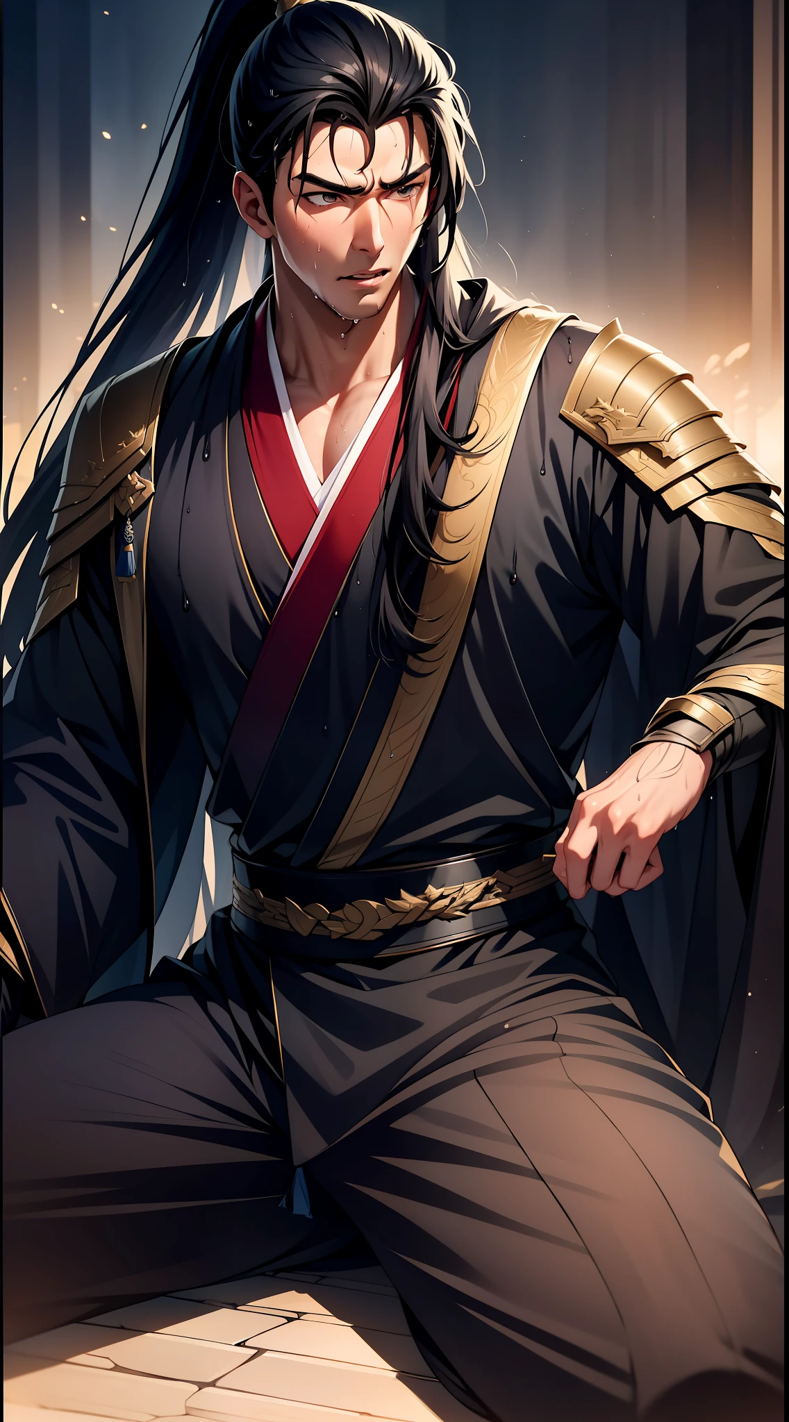 Two-dimensional, anime style, man (male warrior), muscle, correct proportions, face details, martial arts, high ponytail hairstyle, sweating, sweaty face, drooling, neck details, with Adam's apple, wet, wet, Hanfu costume, long robe, embroidered robe, dragon robe, clothing details, collar, long sleeves, game quality, swordsman demeanor, light and shadow tracing, ray tracing, detail glow, CG rendering, hair details, long black hair, golden eyes, sweaty face, handsome, handsome, sweat beads slipping down the neck, (juvenile feeling), complex clothing, wet, wet, perfect composition, refinement, high quality, more details, a lot of details, complex background, atmosphere,